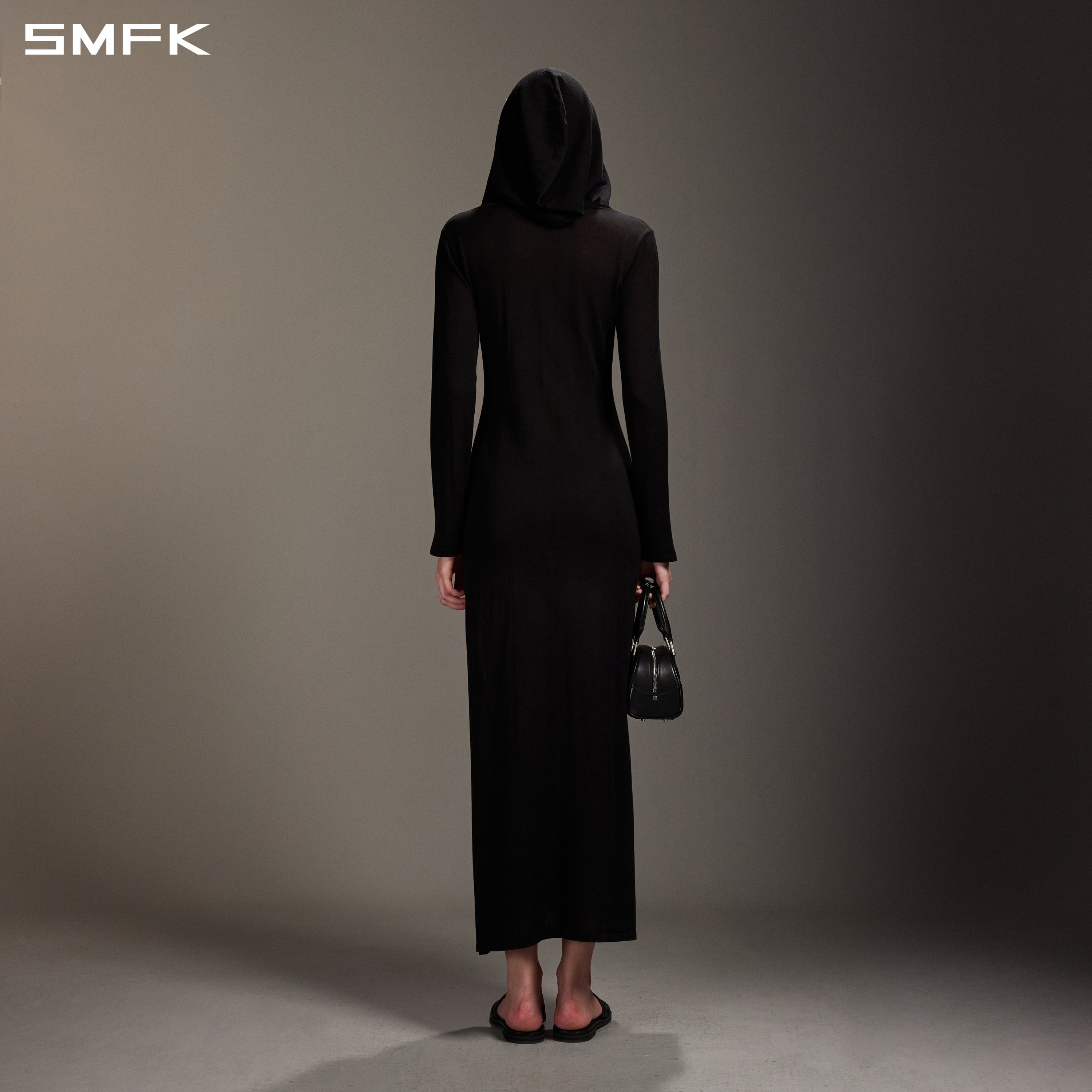 MYTH AEOLUS ASYMMETRY LONG SLEEVE KNIT EVENING DRESS/ACETATE+COTTON WILD BLACK