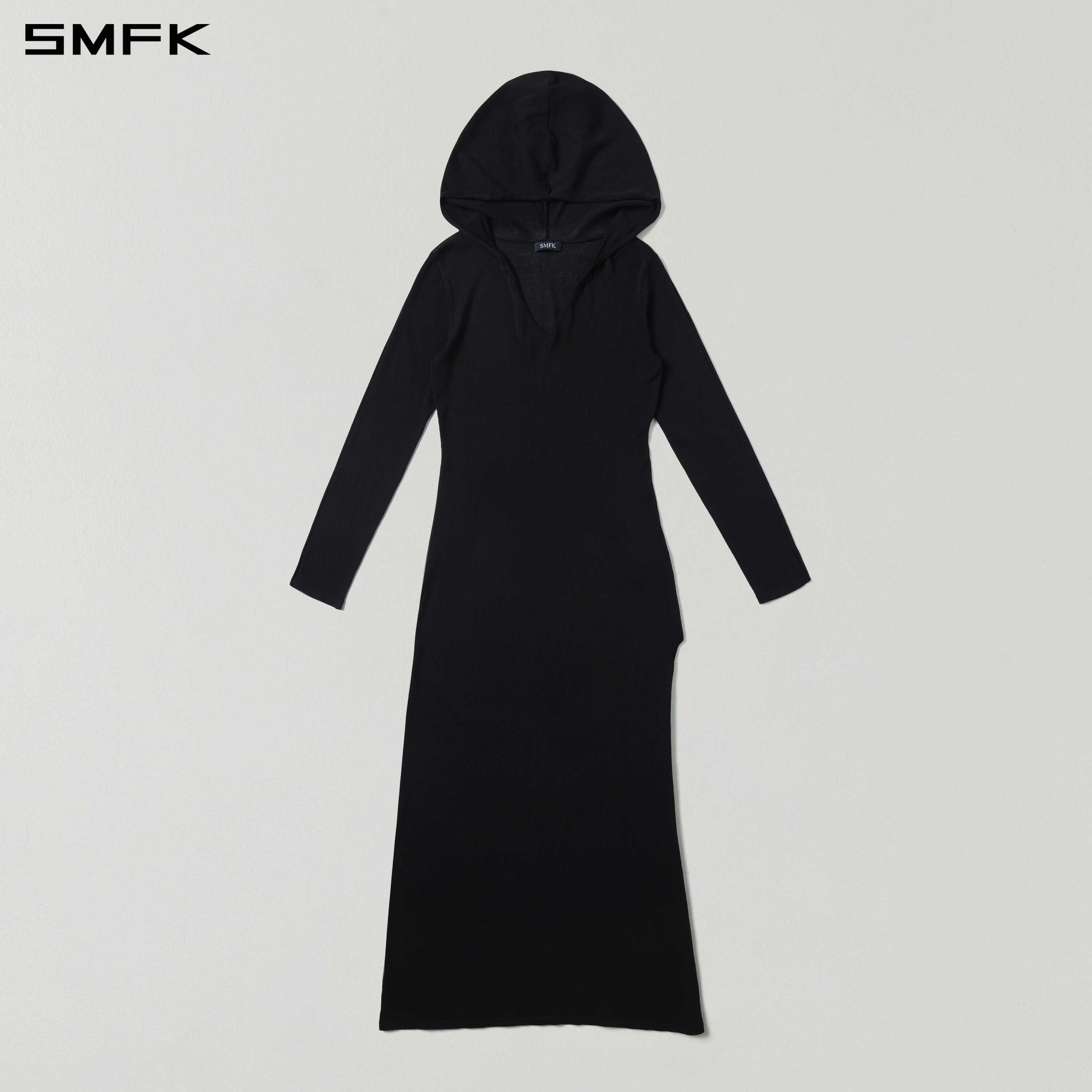 MYTH AEOLUS ASYMMETRY LONG SLEEVE KNIT EVENING DRESS/ACETATE+COTTON WILD BLACK