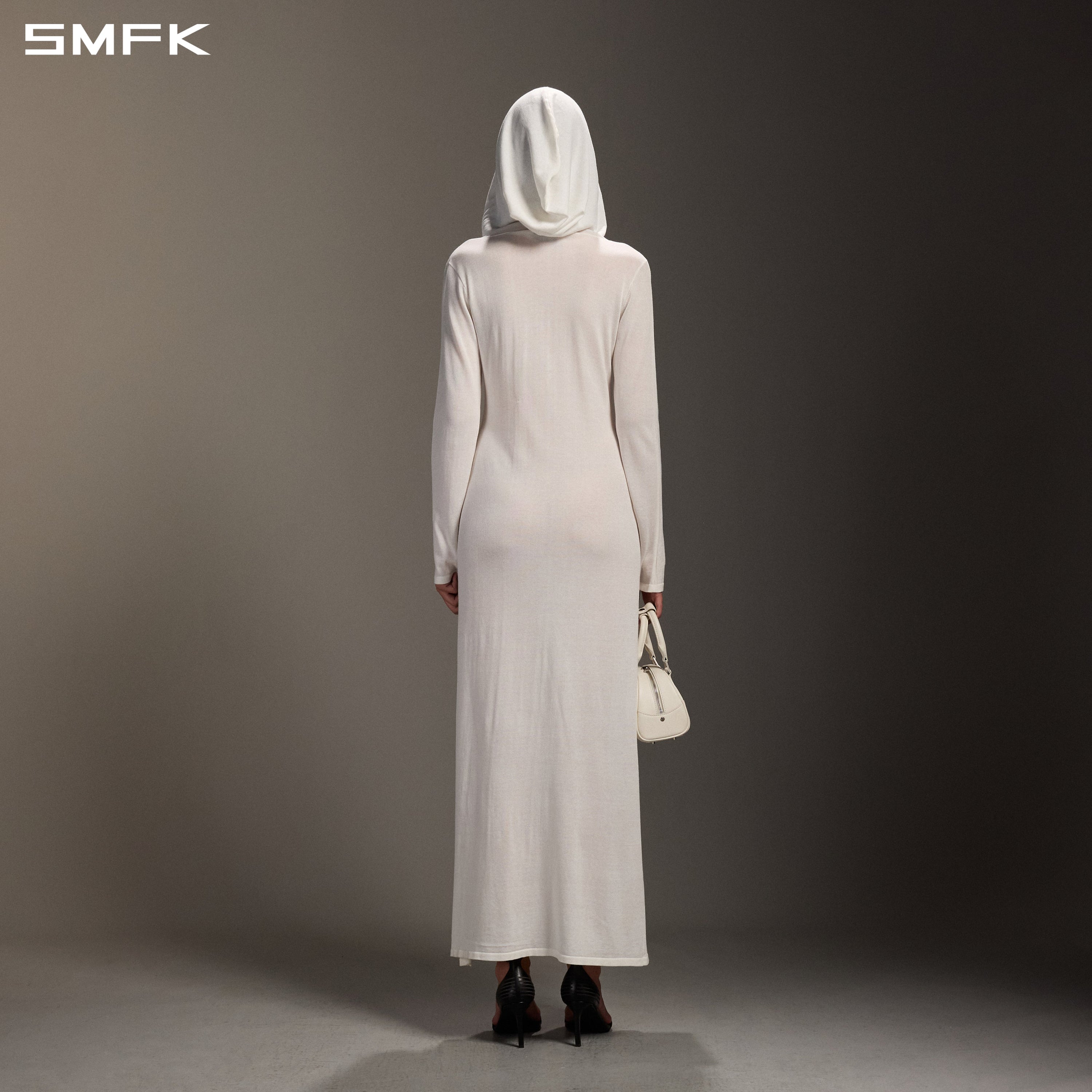 MYTH AEOLUS ASYMMETRY LONG SLEEVE KNIT EVENING DRESS/ACETATE+COTTON CLOUD WHITE