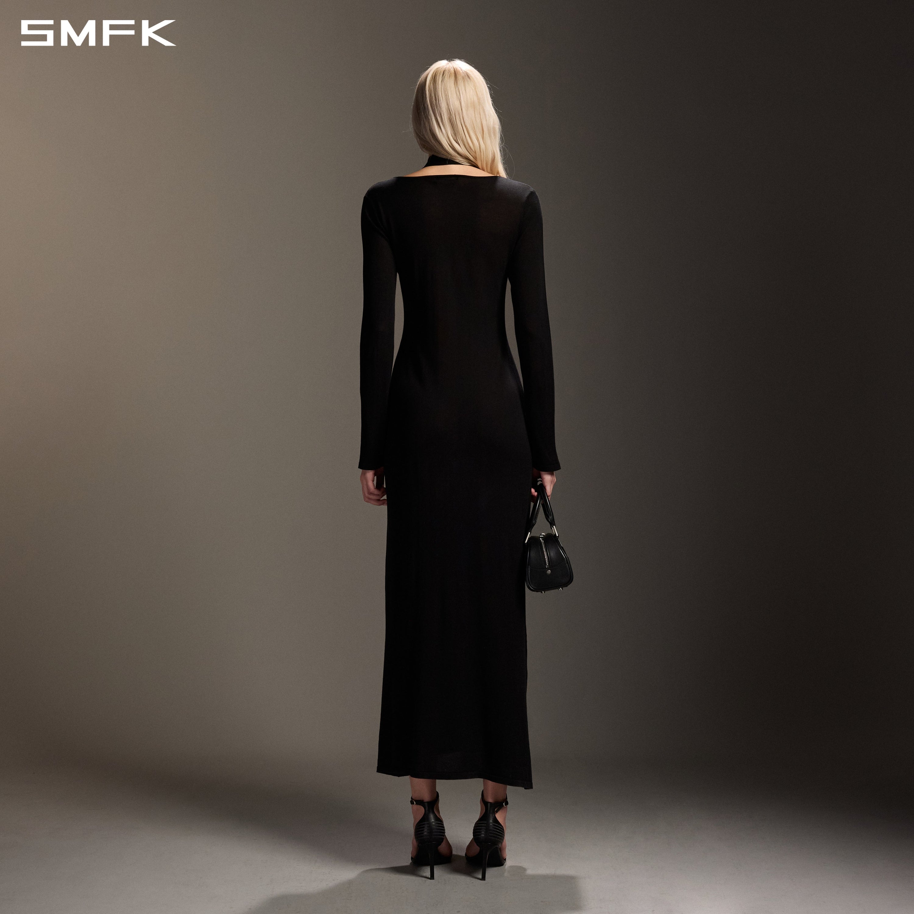 MYTH AEOLUS ONE-PIECE KNIT EVENING DRESS/ACETATE+COTTON WILD BLACK
