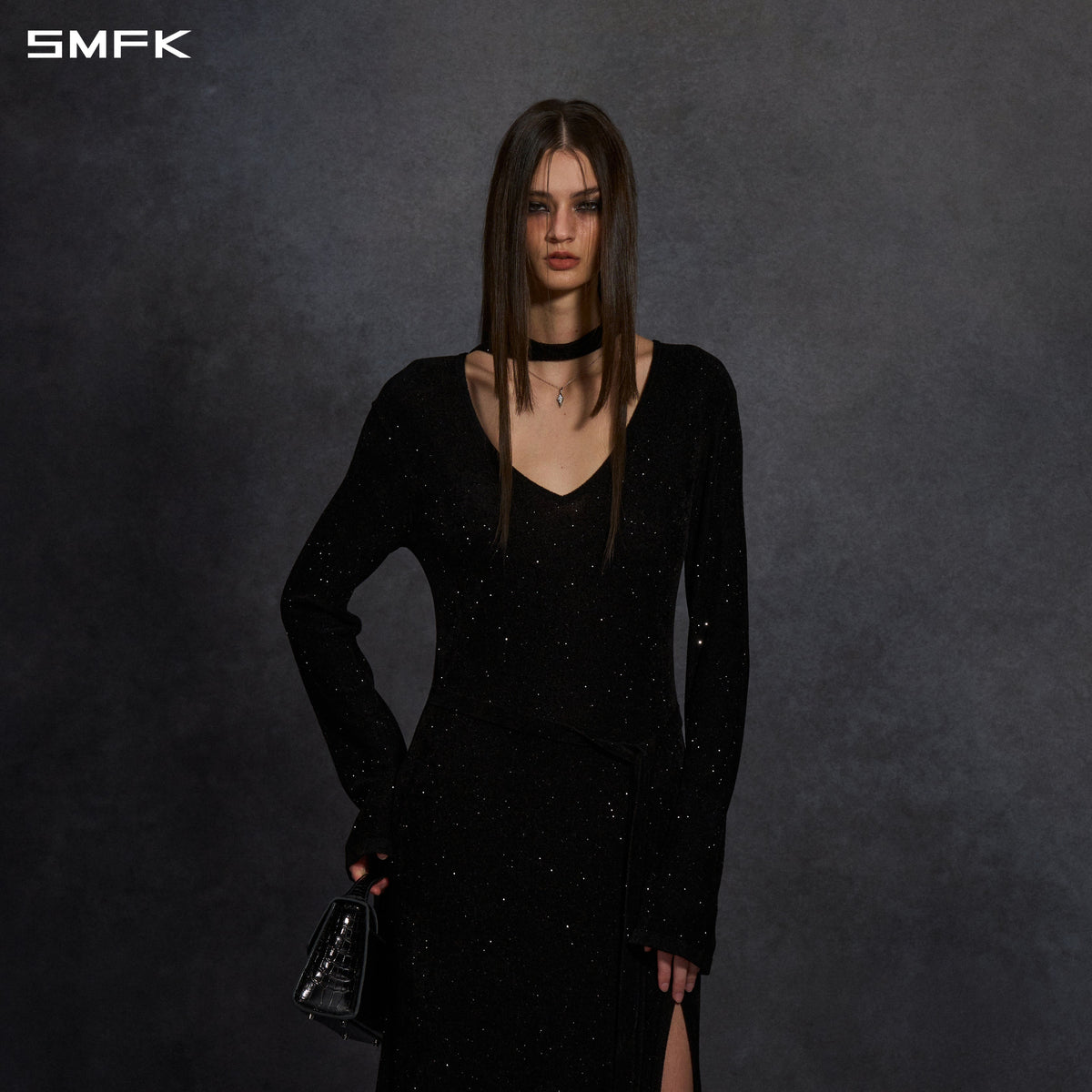 MYTH AEOLUS ONE-PIECE KNIT EVENING DRESS/STARRY VELVET GALAXY BLACK