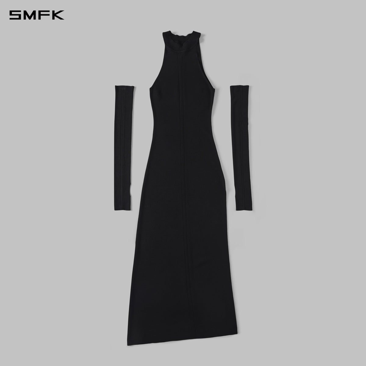 MYTH SIREN HIGH COLLAR KNIT LONG DRESS/SILK+LENZING TENCEL+COTTON WILD BLACK