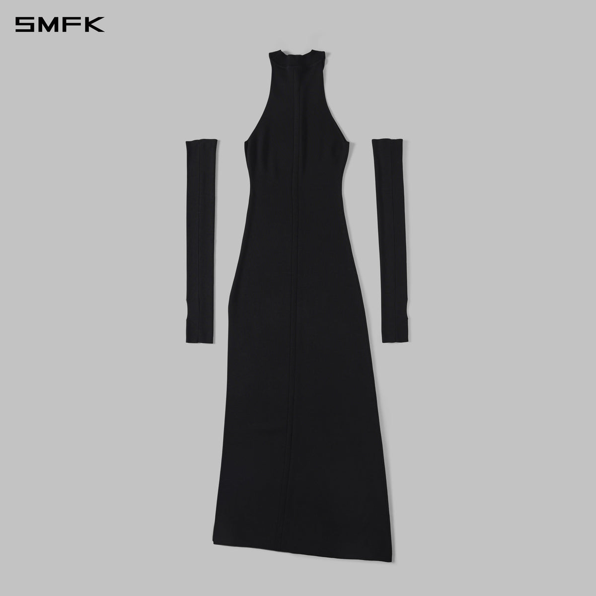 MYTH SIREN HIGH COLLAR KNIT LONG DRESS/SILK+LENZING TENCEL+COTTON WILD BLACK