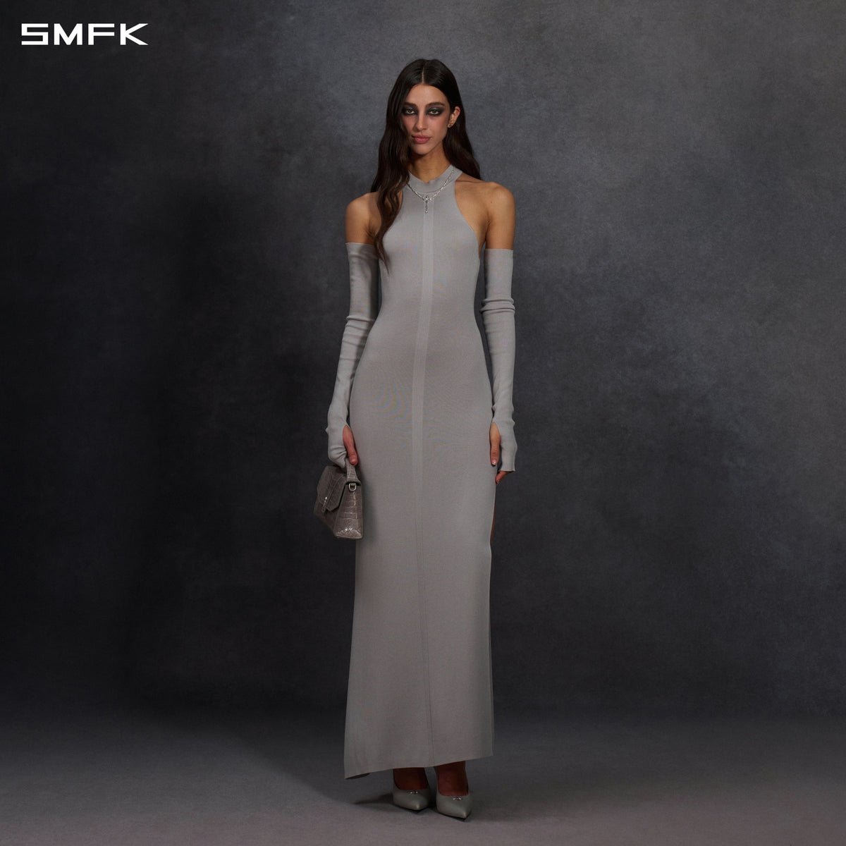MYTH SIREN HIGH COLLAR KNIT LONG DRESS/SILK+LENZING TENCEL+COTTON GLACIER GREY