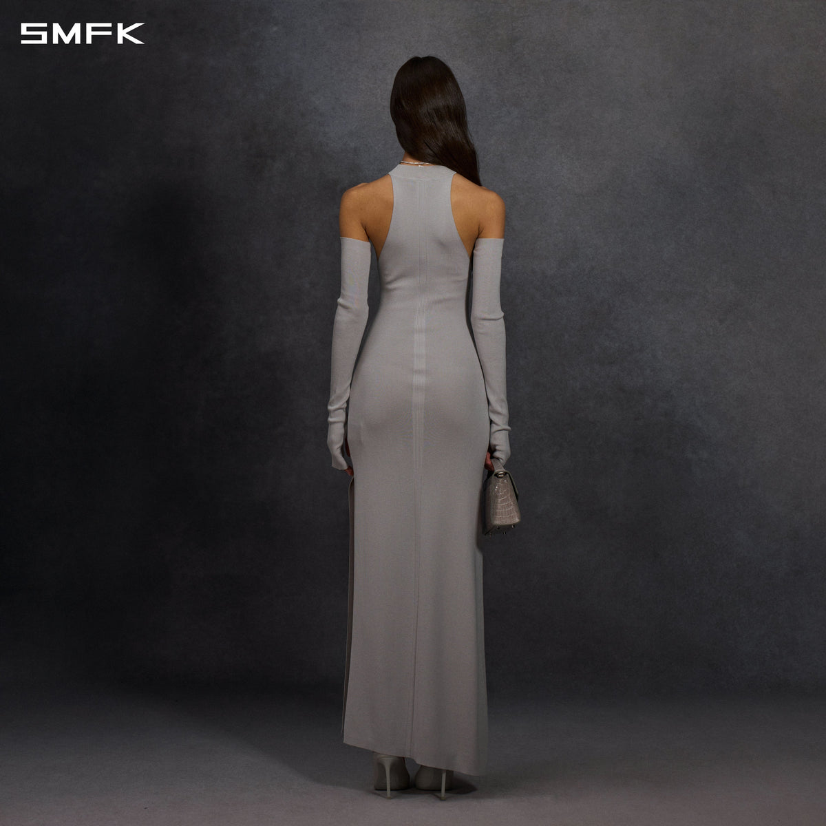 MYTH SIREN HIGH COLLAR KNIT LONG DRESS/SILK+LENZING TENCEL+COTTON GLACIER GREY