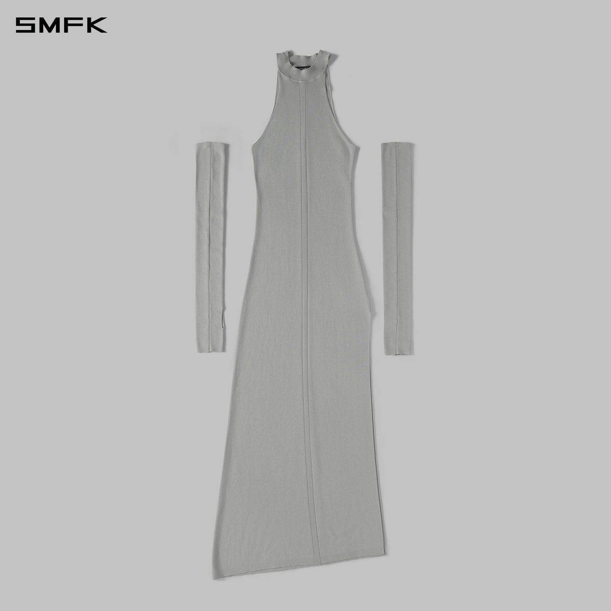 MYTH SIREN HIGH COLLAR KNIT LONG DRESS/SILK+LENZING TENCEL+COTTON GLACIER GREY