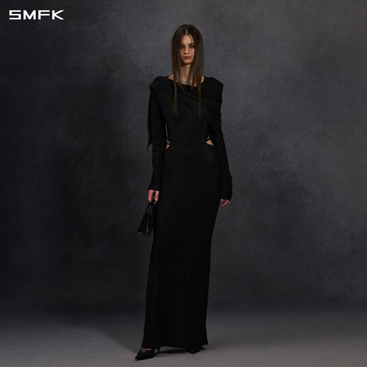 AEOLUS SLIM EVENING GOWN / POLYAMIDE + POLYESTER FILM FIBER STARLIGHT BLACK