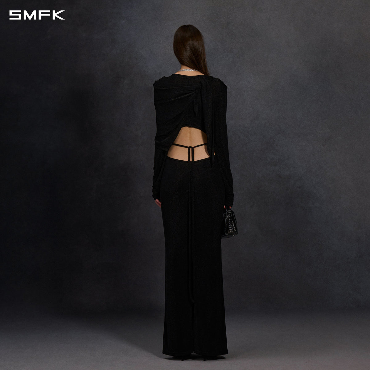 AEOLUS SLIM EVENING GOWN / POLYAMIDE + POLYESTER FILM FIBER STARLIGHT BLACK