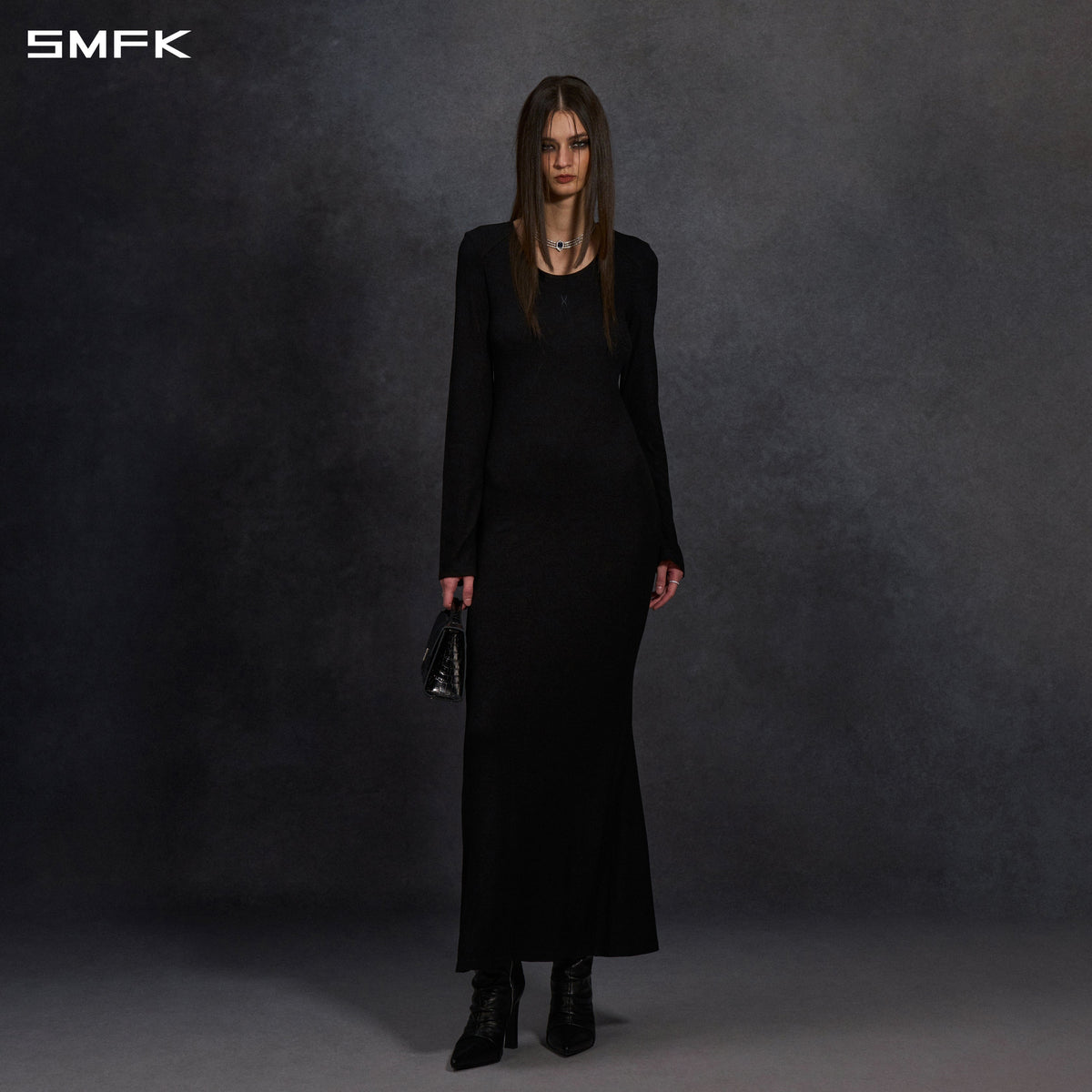 MYTH AEOLUS PHANTOM EVENING DRESS/ACETATE+VISCOSE+ACRYLIC+SPANDEX+WOOL MIDNIGHT BLACK