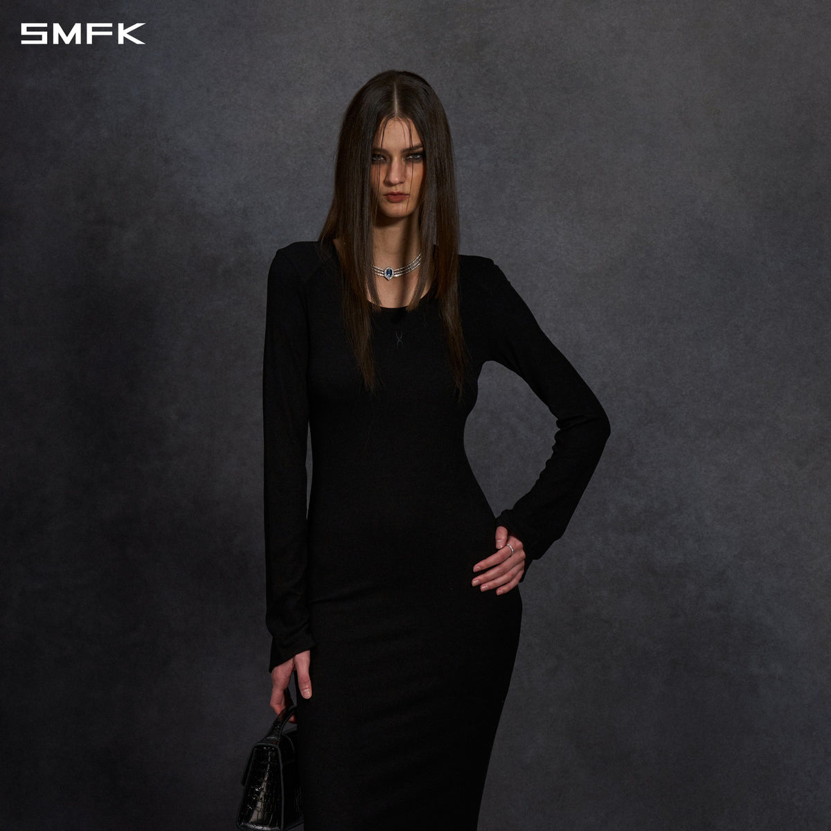 MYTH AEOLUS PHANTOM EVENING DRESS/ACETATE+VISCOSE+ACRYLIC+SPANDEX+WOOL MIDNIGHT BLACK