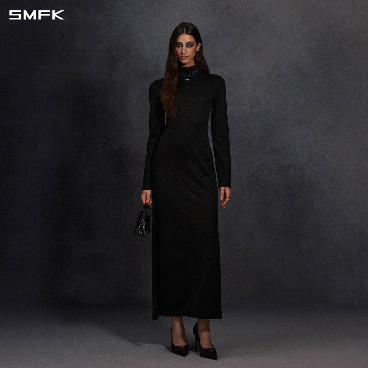 MYTH AEOLUS HIGH COLLAR EVENING DRESS/LENZING TENCEL+COTTON MIDNIGHT BLACK