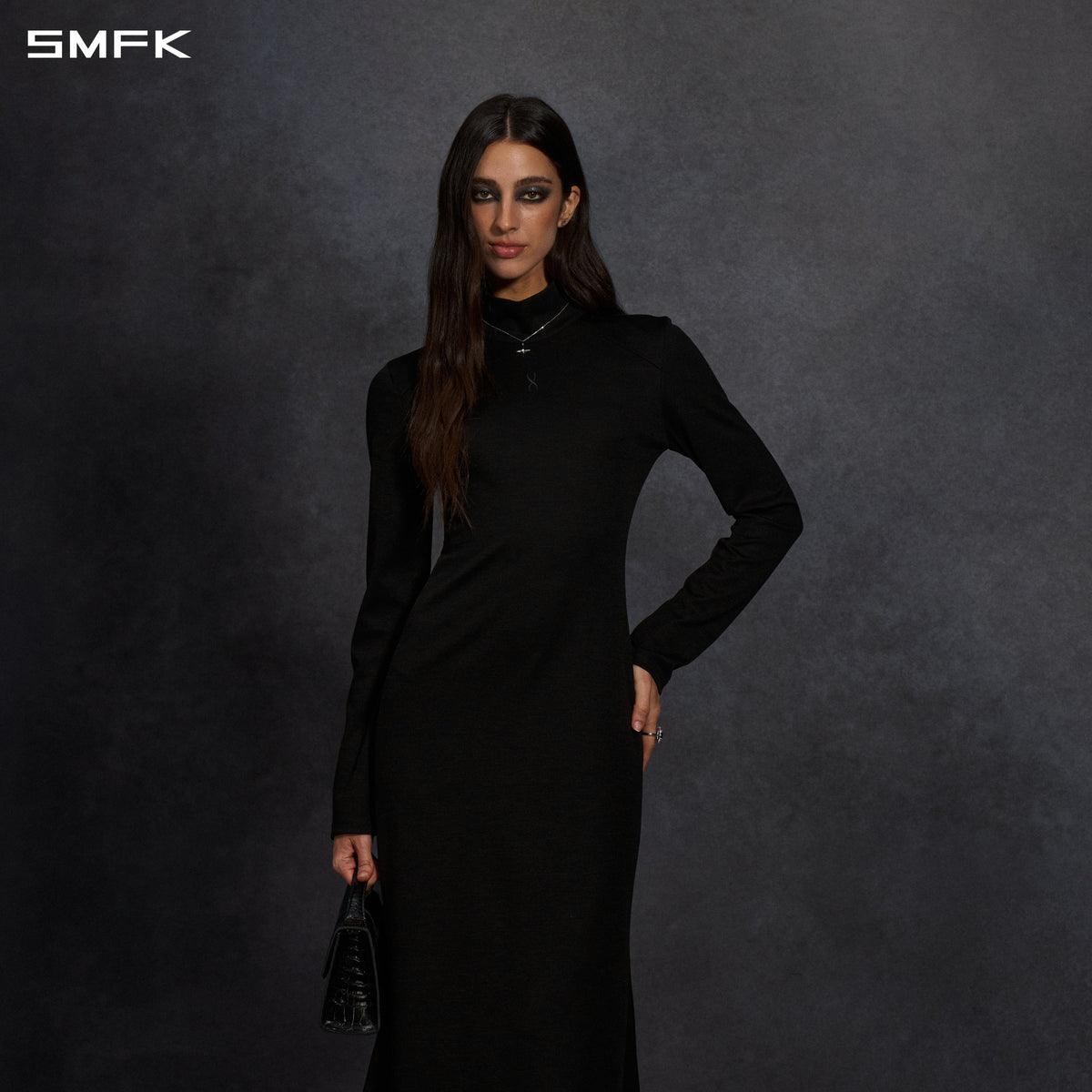 MYTH AEOLUS HIGH COLLAR EVENING DRESS/LENZING TENCEL+COTTON MIDNIGHT BLACK