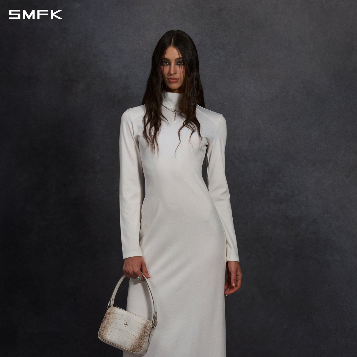 MYTH AEOLUS HIGH COLLAR EVENING DRESS/LENZING TENCEL+COTTON CLOUD WHITE