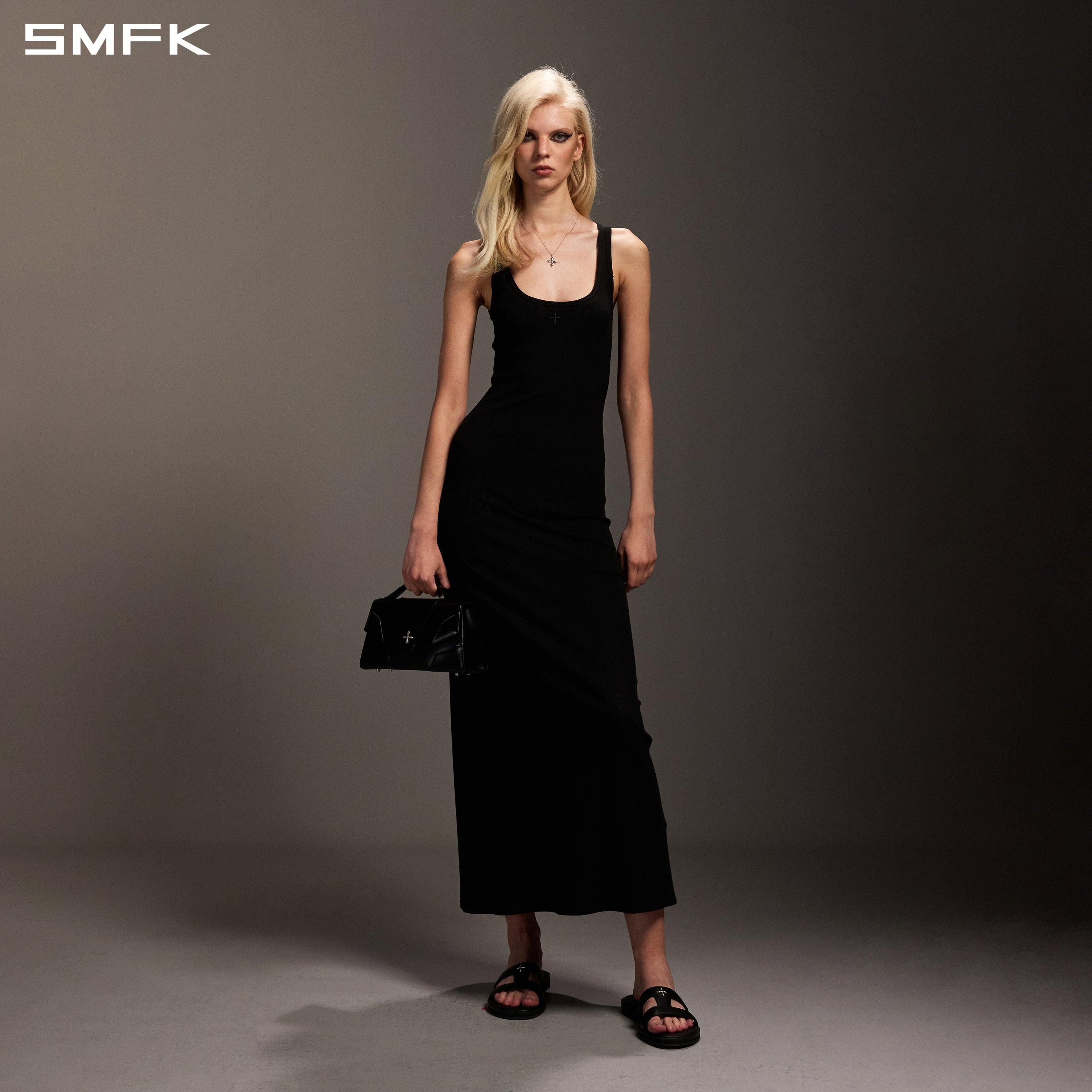 VINTAGE NOMADIC SILK TANK LONG DRESS/SILK+COTTON WILD BLACK