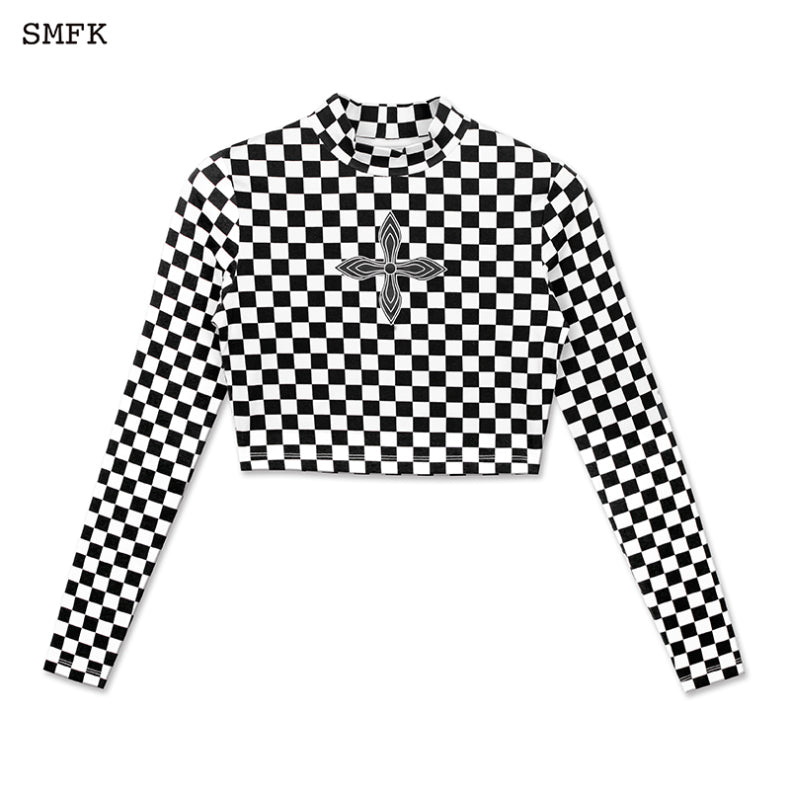 GRID BLACK AND WHITE HIGH COLLAR LONG TEE UT007BW