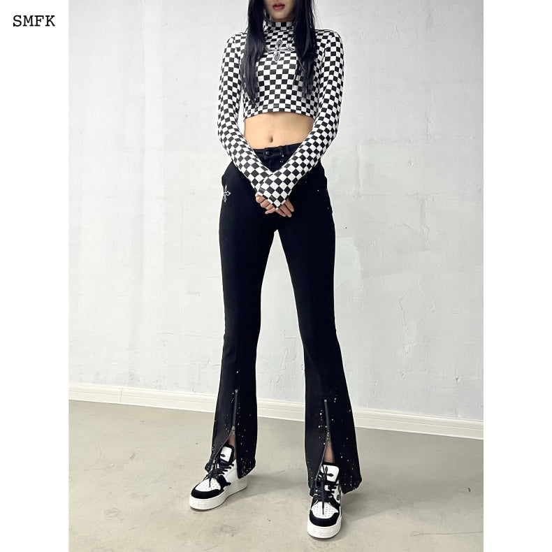 GRID BLACK AND WHITE HIGH COLLAR LONG TEE UT007BW