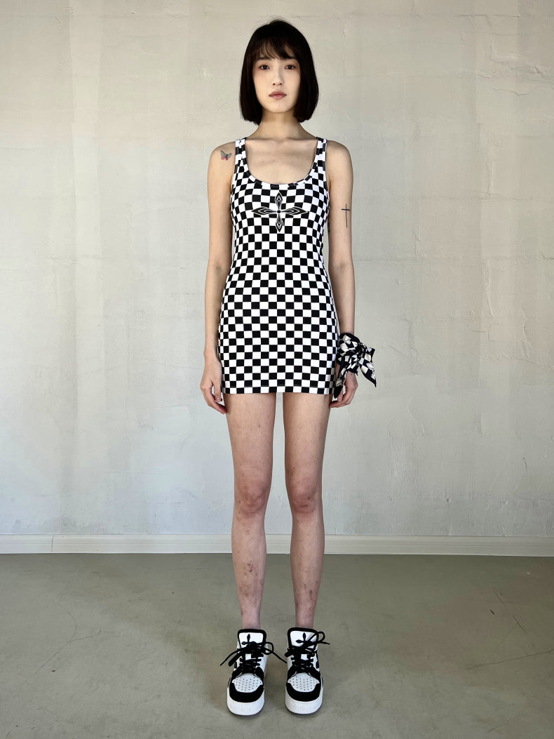 GRID BLACK AND WHITE CHECKED SUNDRESS UFT12BW