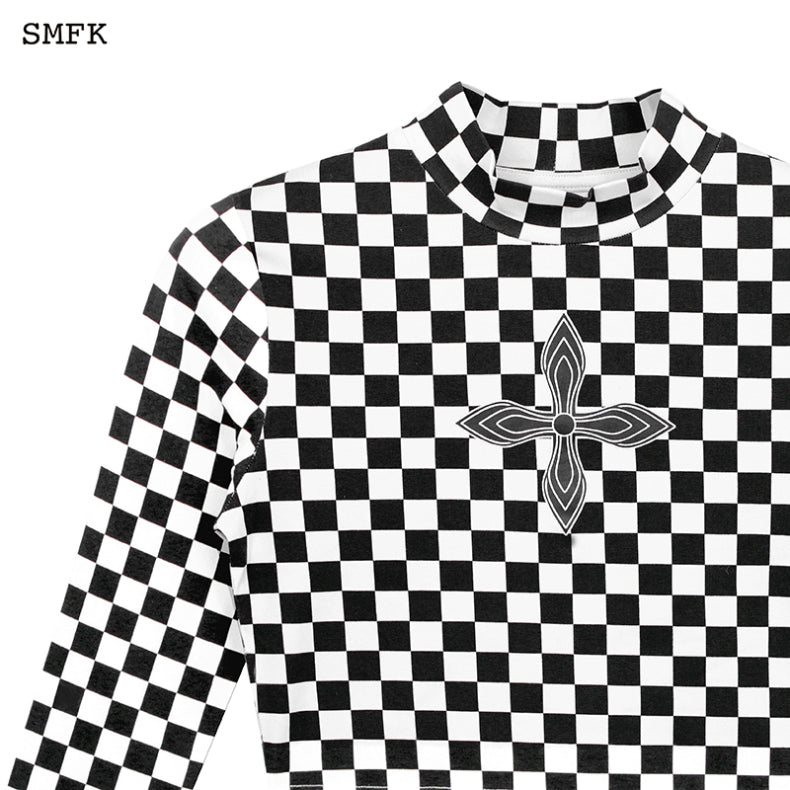 GRID BLACK AND WHITE HIGH COLLAR LONG TEE UT007BW