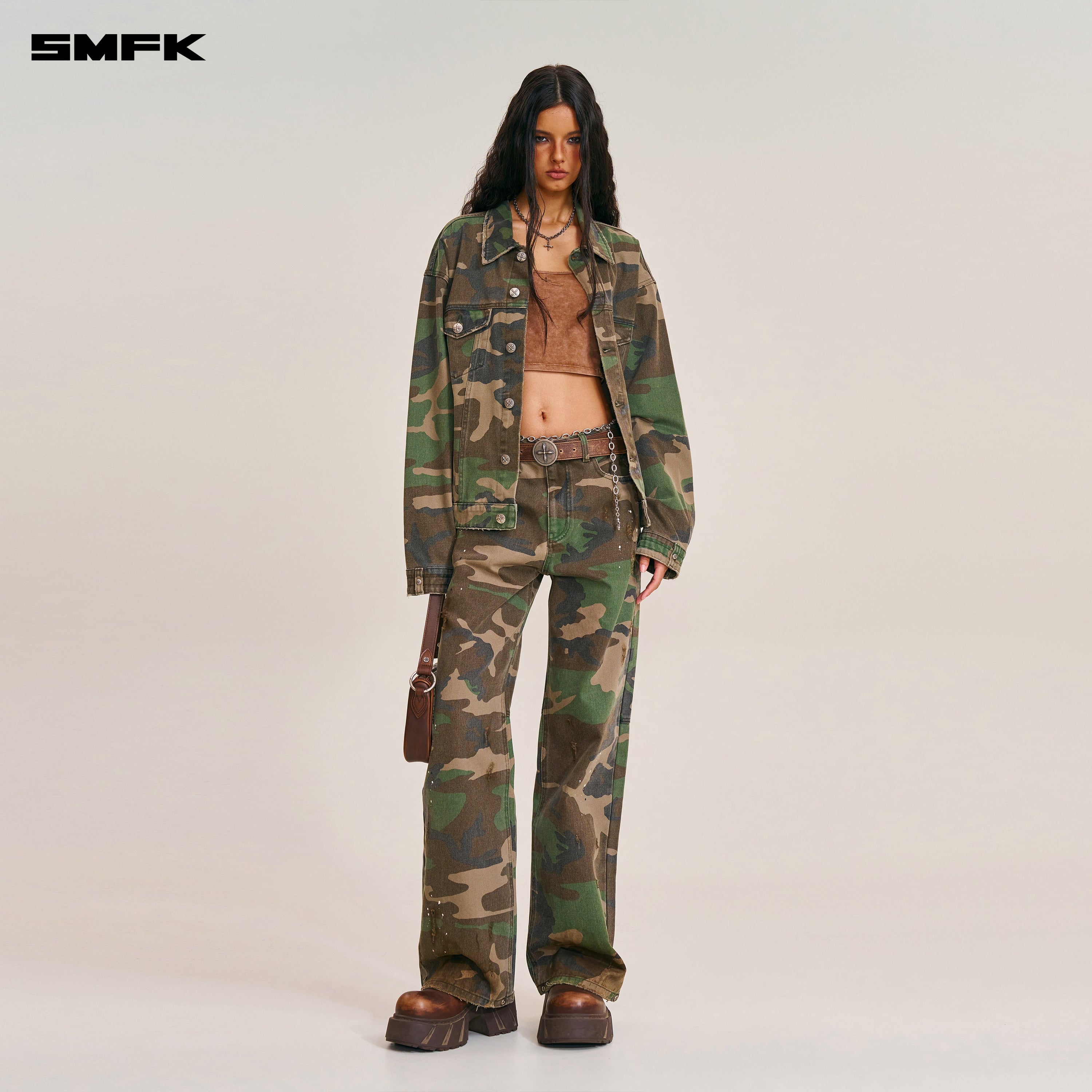 COMPASS MODE WASTELAND LOOSE STRAIGHT DENIM PANTS ARMY GREEN CAMOUFLAGE