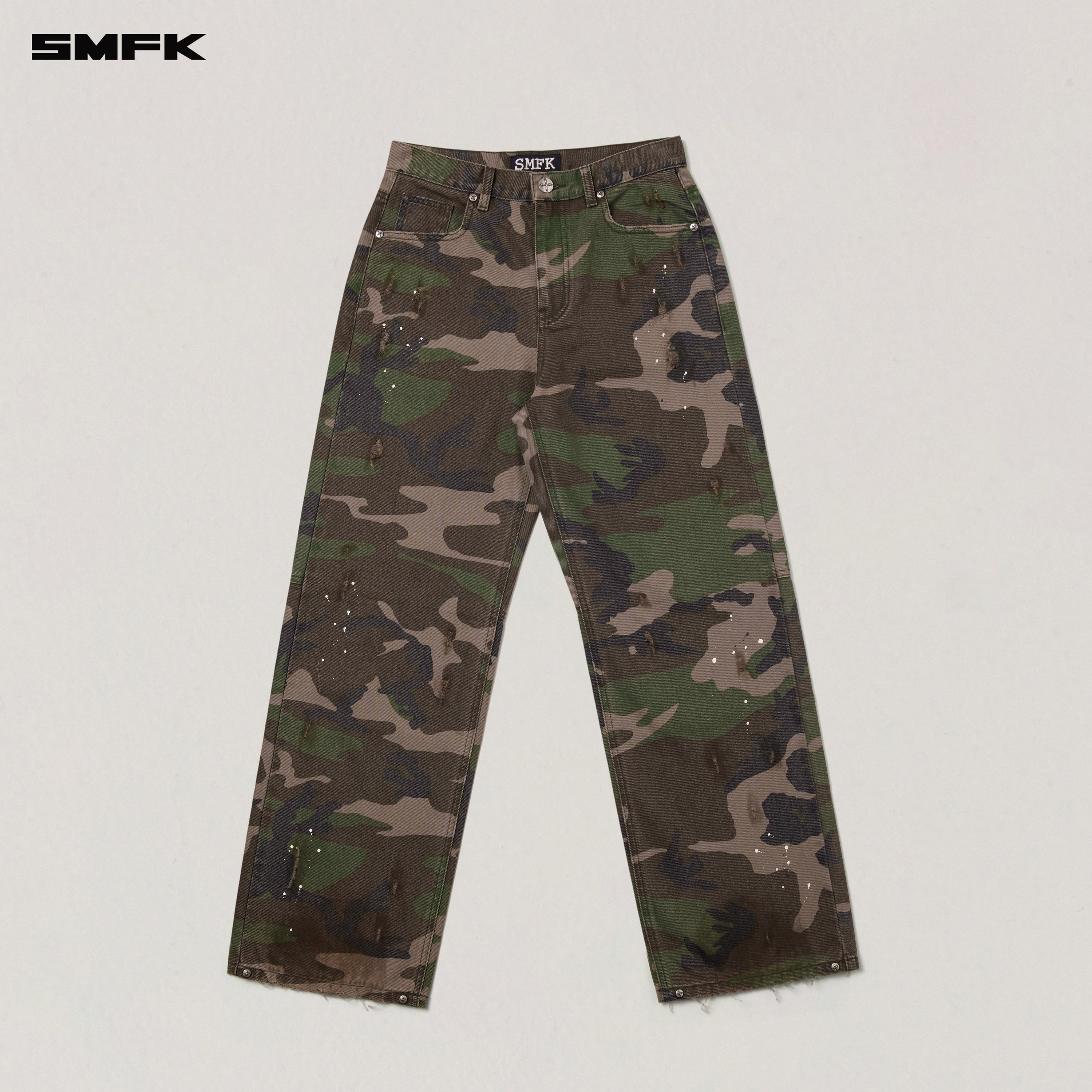 COMPASS MODE WASTELAND LOOSE STRAIGHT DENIM PANTS ARMY GREEN CAMOUFLAGE