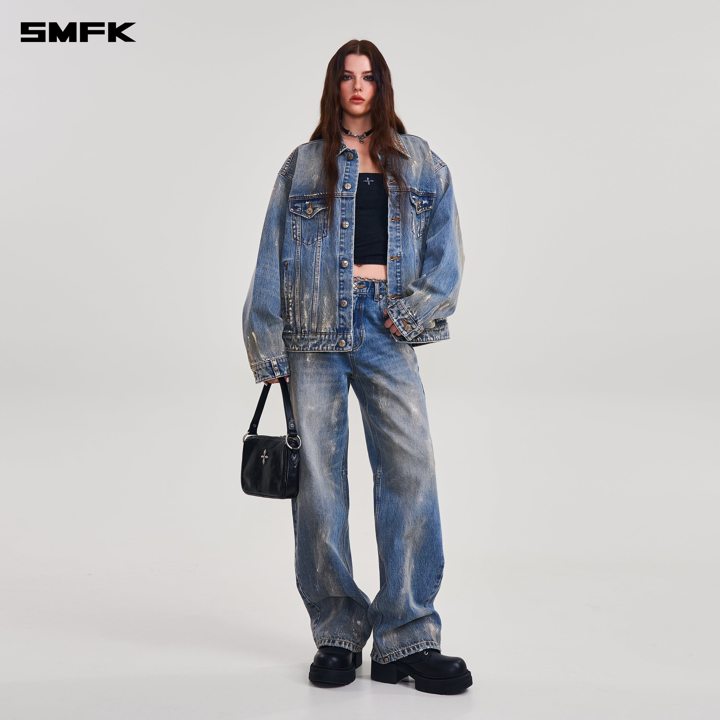COMPASS MODE TIDE LOOSE STRAIGHT DENIM PANTS MARINE BLUE