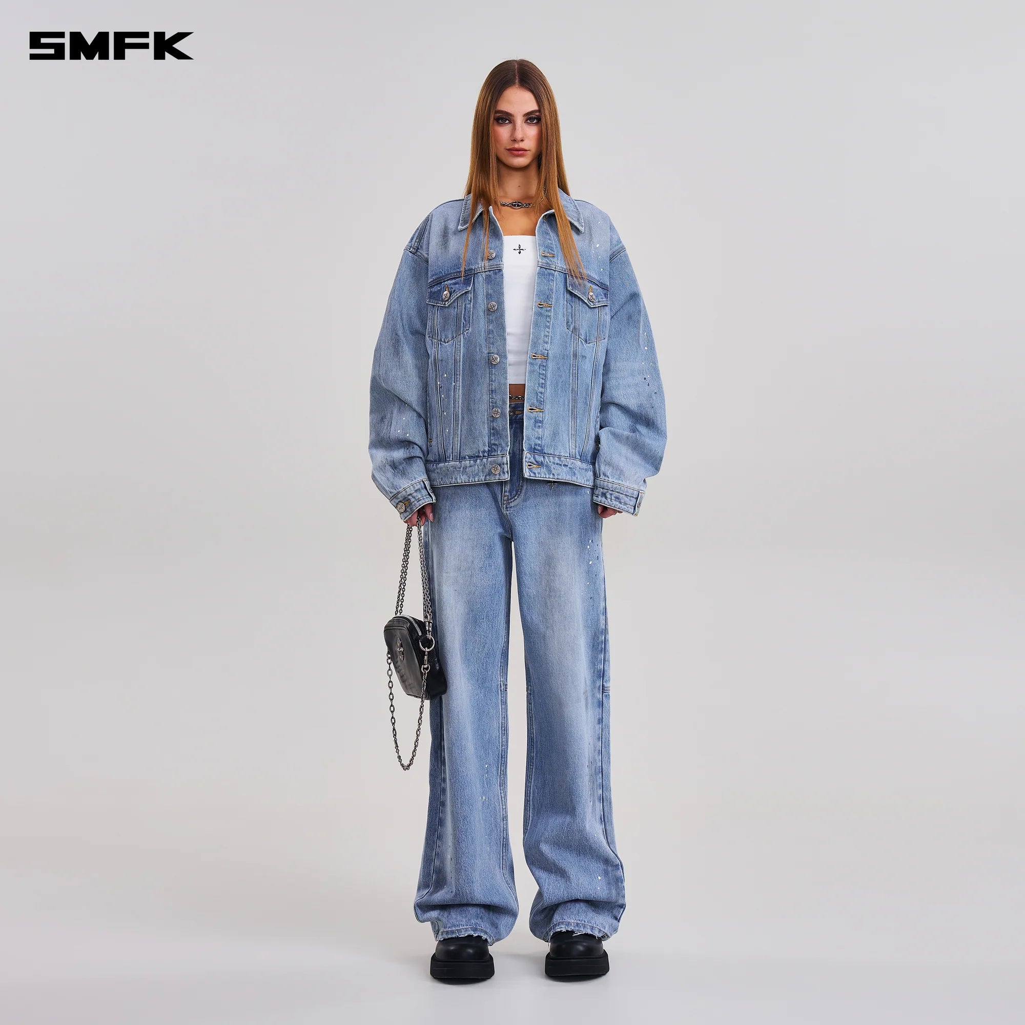 COMPASS MODE LOOSE STRAIGHT DENIM PANTS SKY BLUE