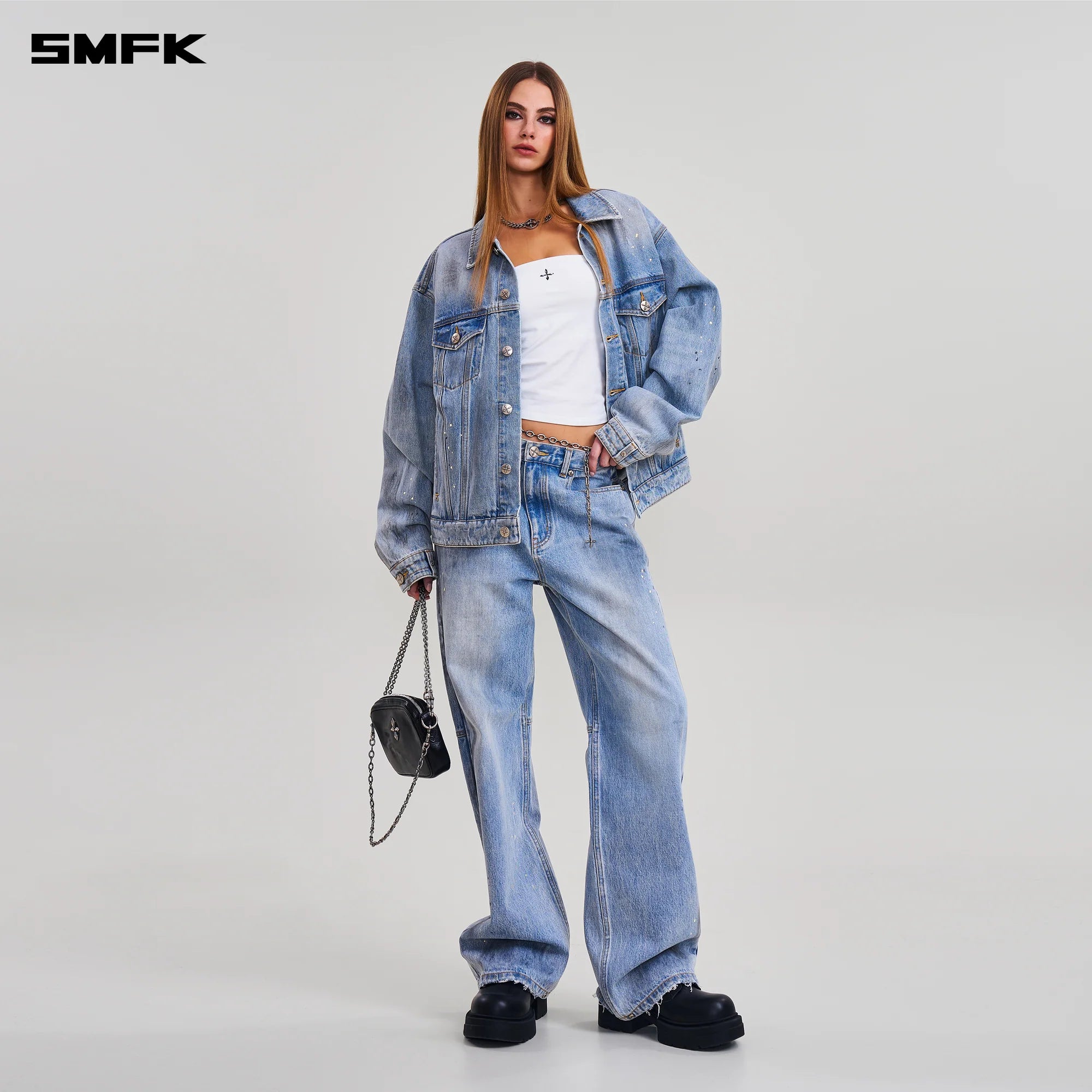 COMPASS MODE LOOSE STRAIGHT DENIM PANTS SKY BLUE
