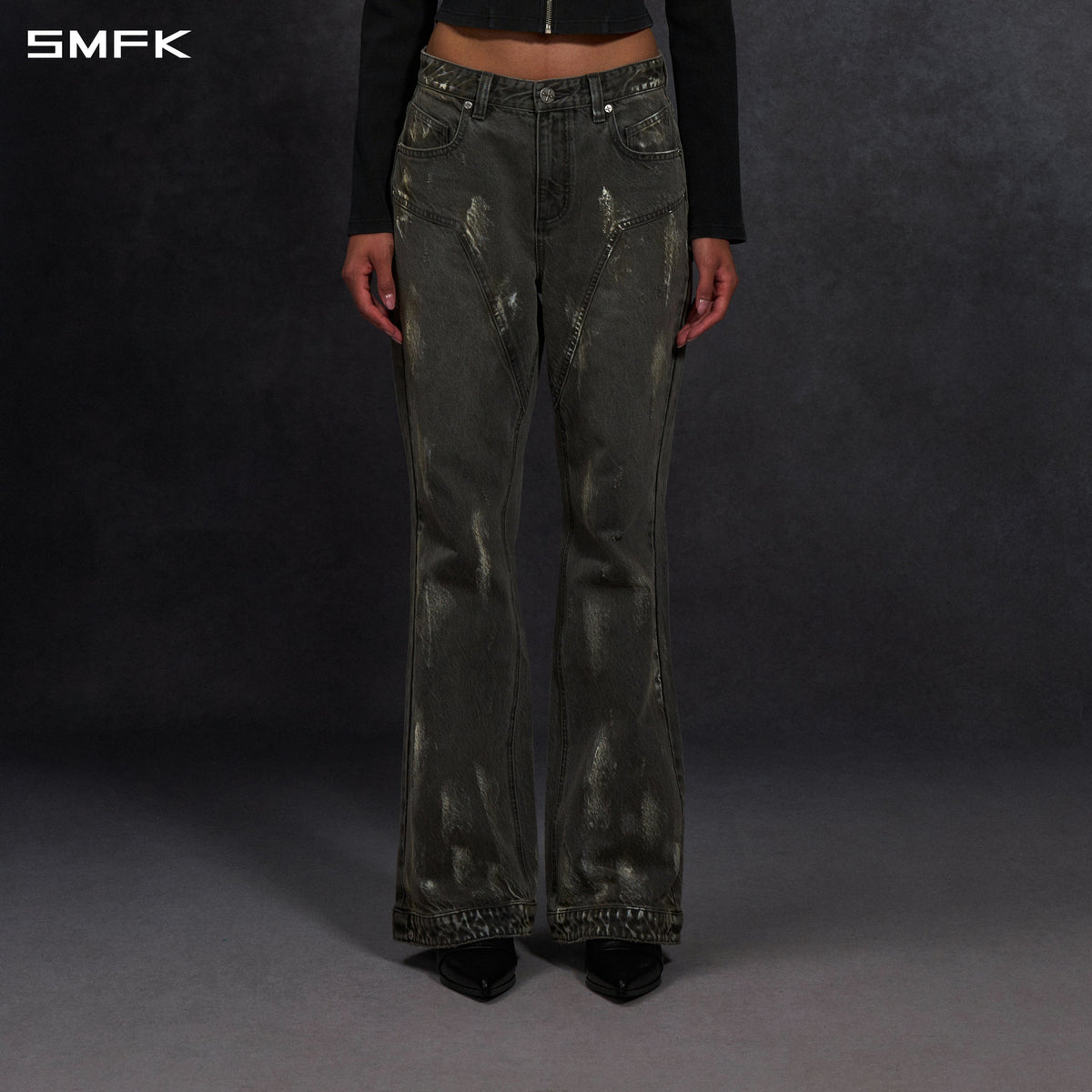 COMPASS MIRAGE FLARED DENIM PANTS/COTTON/W STORM GREY