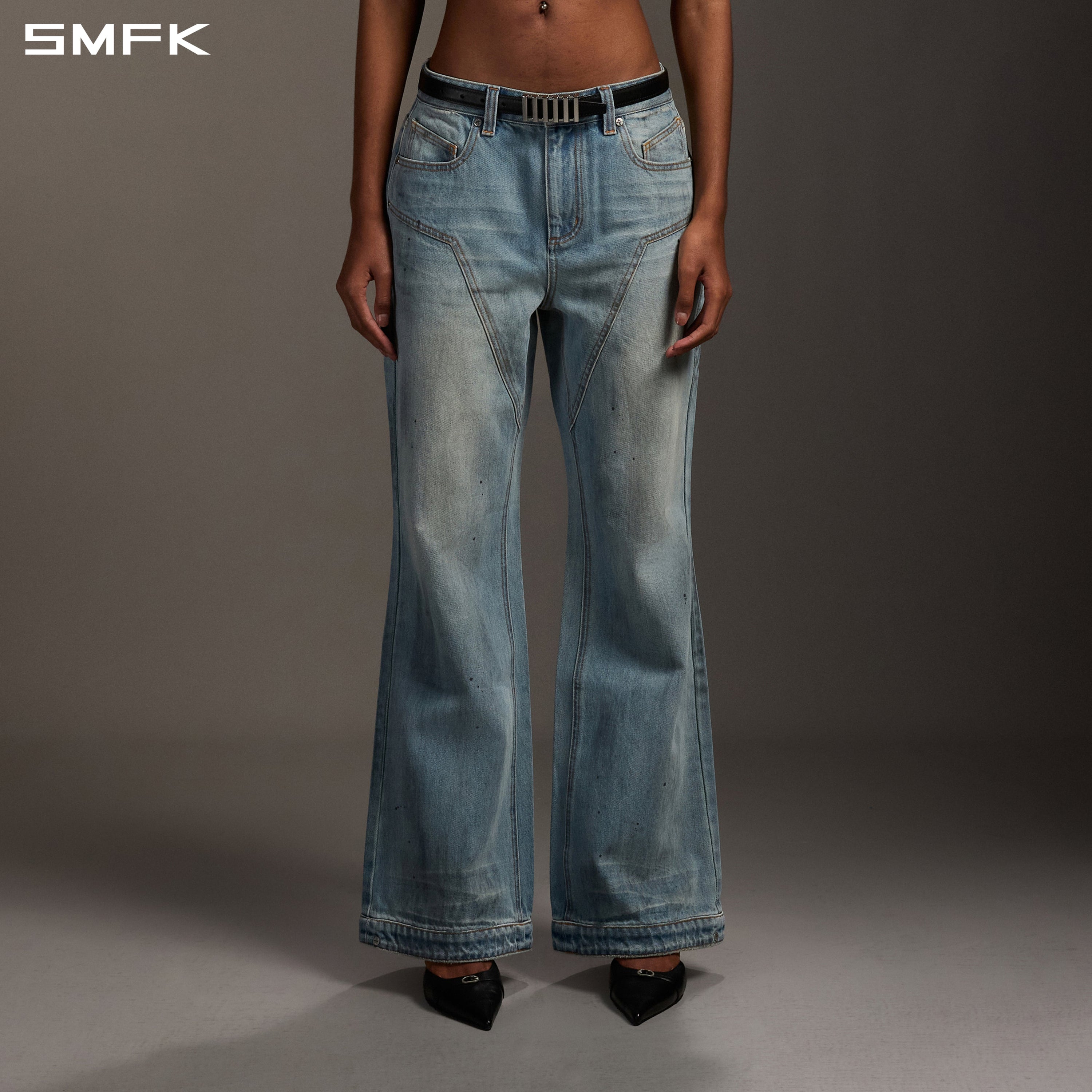 COMPASS MIRAGE FLARED DENIM PANTS/COTTON/W SKY BLUE