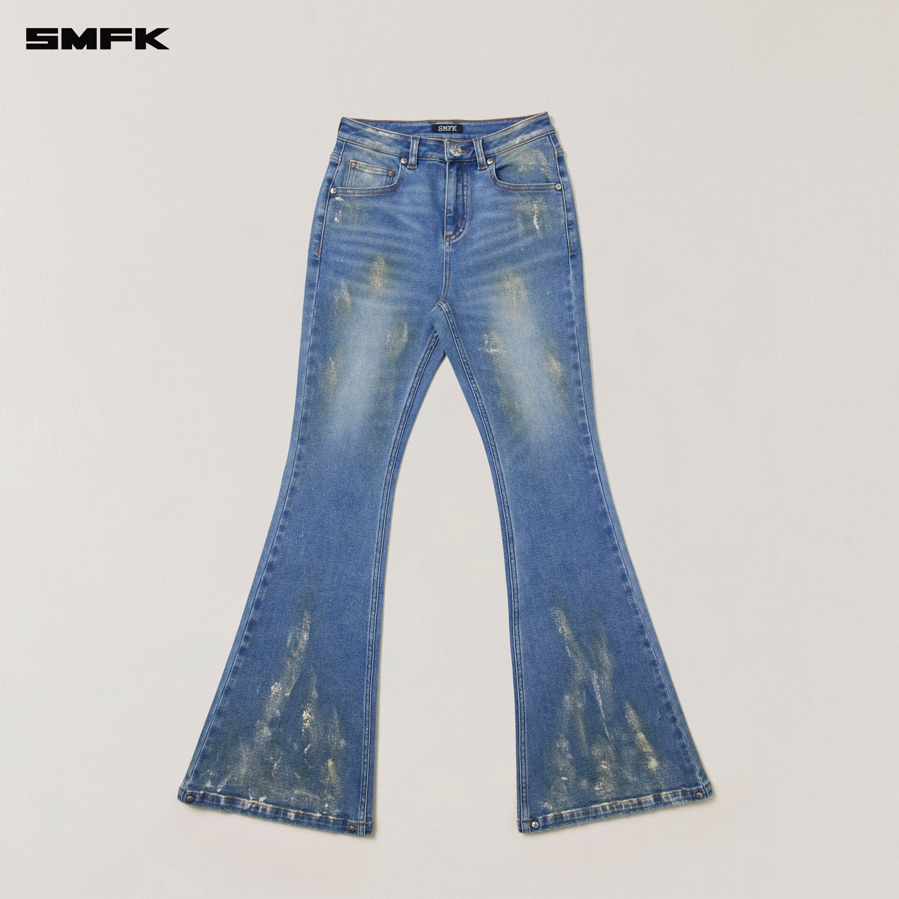 COMPASS MODE TIDE HUNRRICANE HANDPAINTED TOWER DENIM PANTS MARINE BLUE