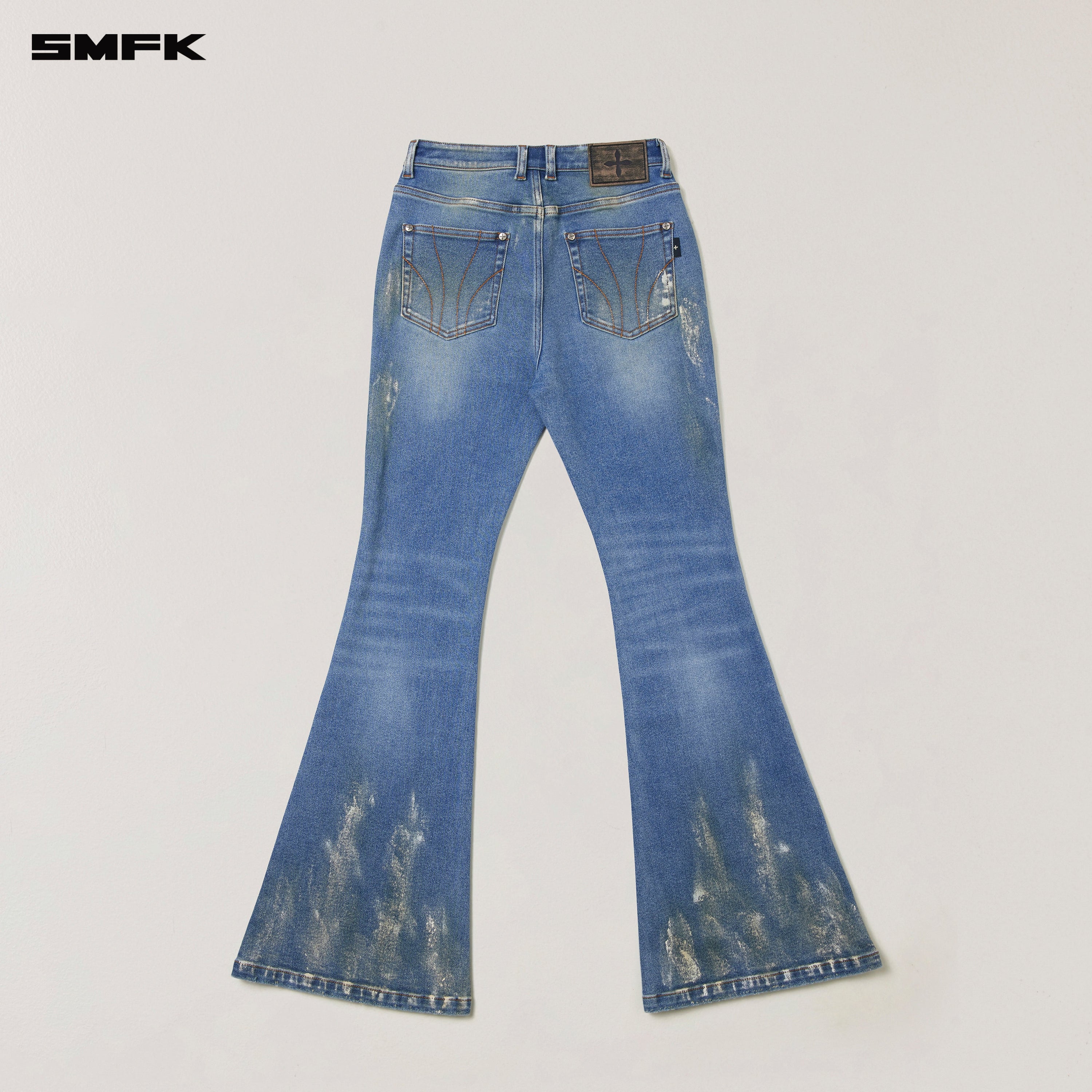 COMPASS MODE TIDE HUNRRICANE HANDPAINTED TOWER DENIM PANTS MARINE BLUE