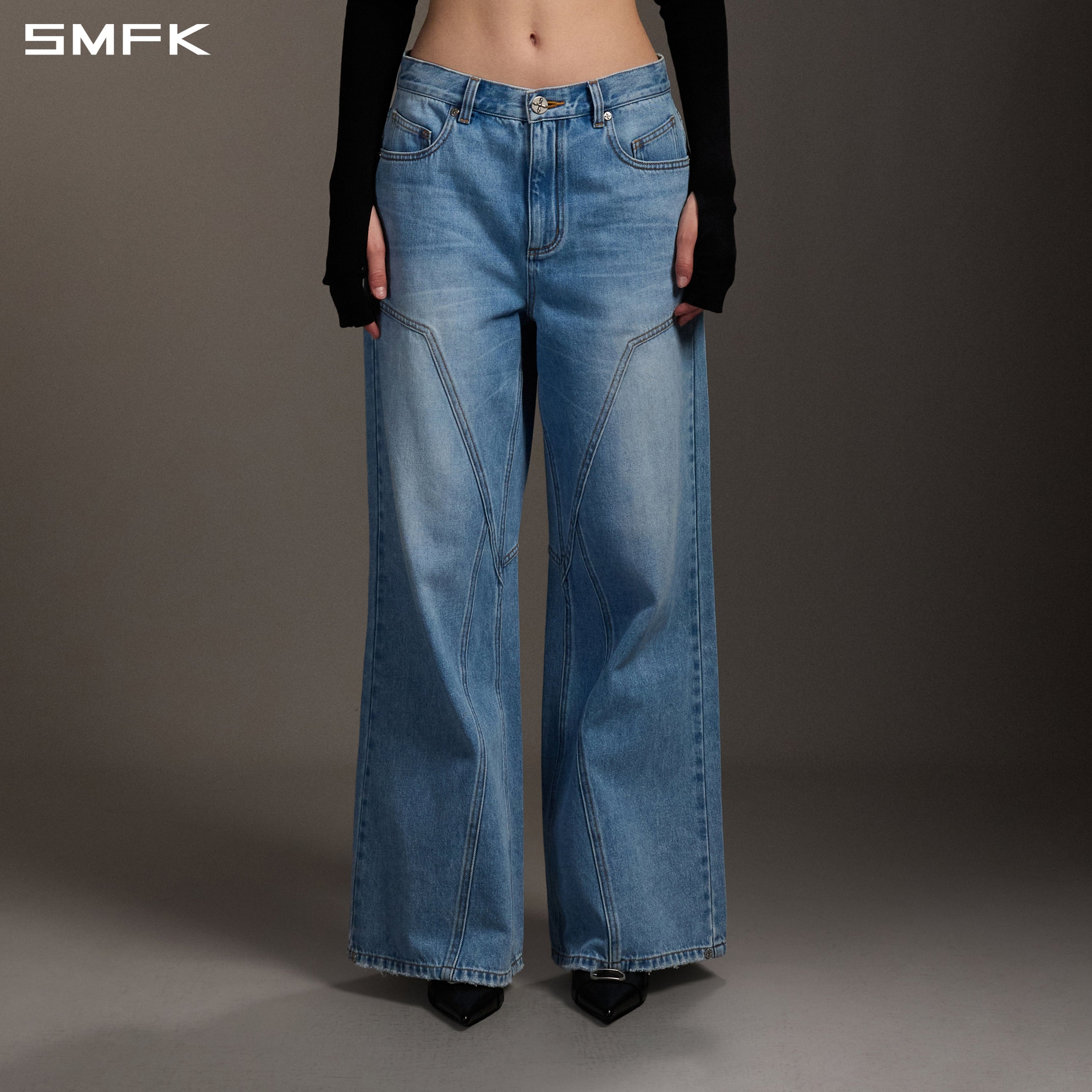 MIRAGE MODE FLARED DENIM PANTS/COTTON/W SKY BLUE