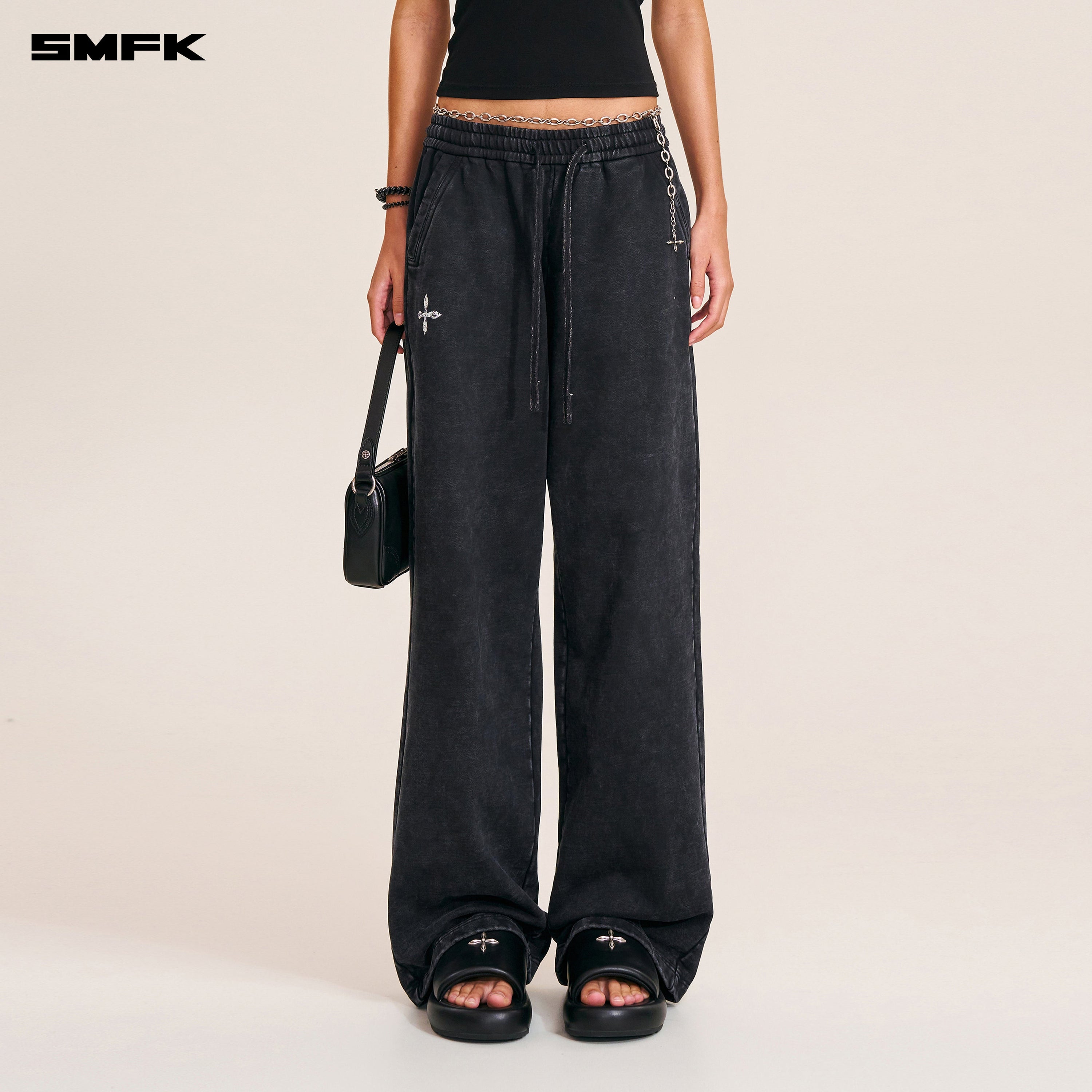 VINTAGE-SAVAGE LOOSE SPORTS PANTS/FADE DYE WILD BLACK