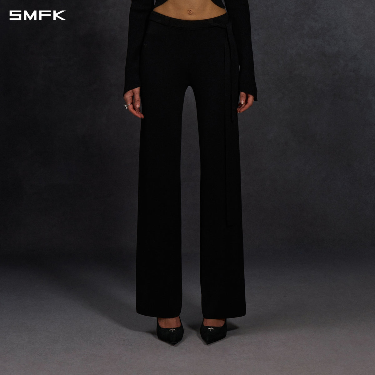 MYTH SIREN EVENING FLARED KNIT PANTS/LENZING TENCEL+SILK+COTTON WILD BLACK