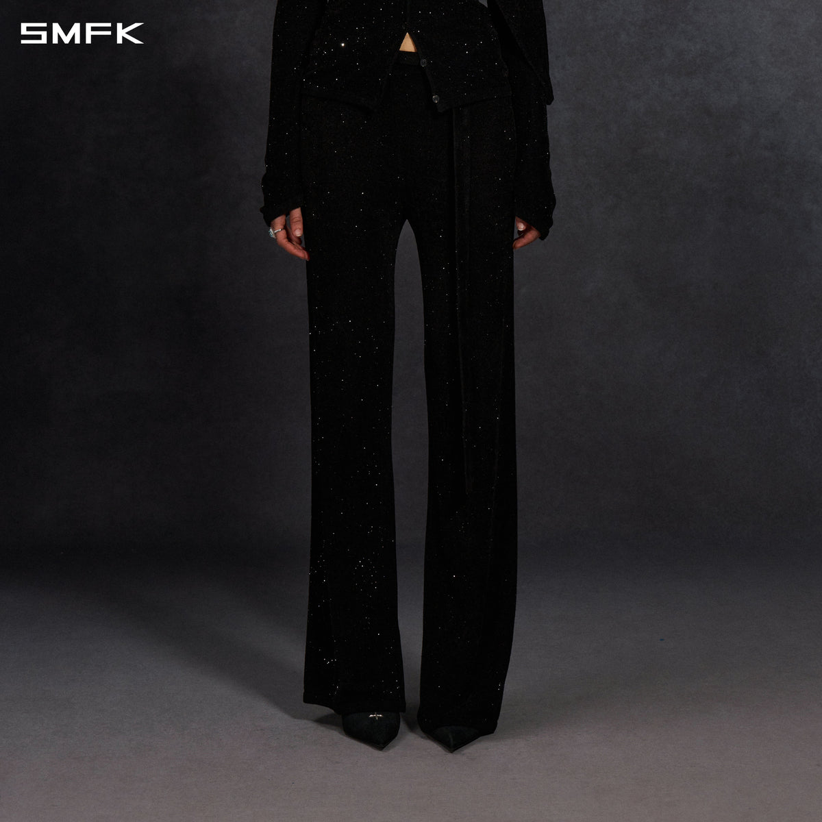 MYTH SIREN EVENING FLARED KNIT PANTS/STARRY VELVET GALAXY BLACK