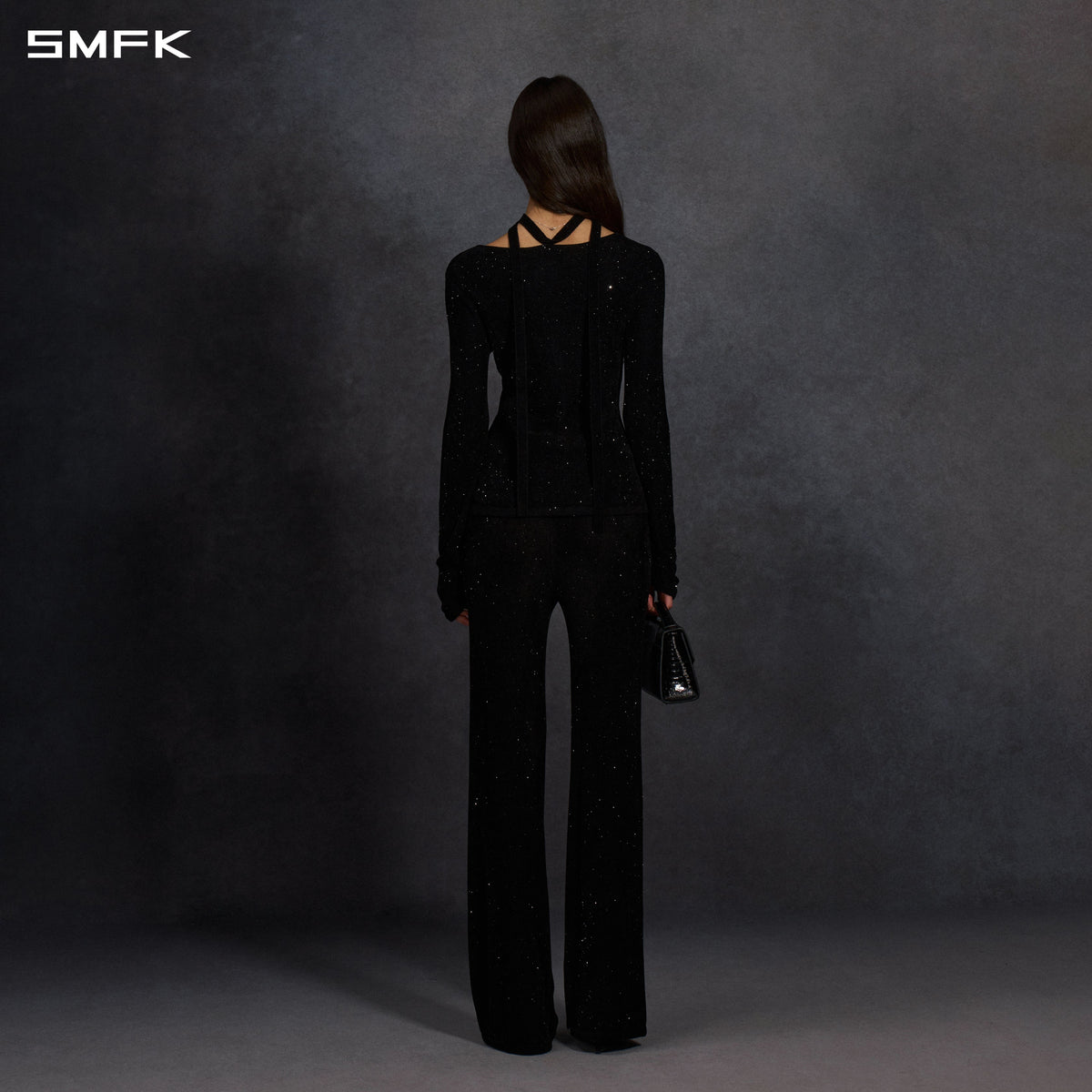 MYTH SIREN EVENING FLARED KNIT PANTS/STARRY VELVET GALAXY BLACK