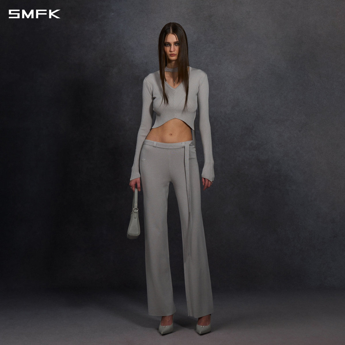 MYTH SIREN EVENING FLARED KNIT PANTS/LENZING TENCEL+SILK+COTTON GLACIER GREY
