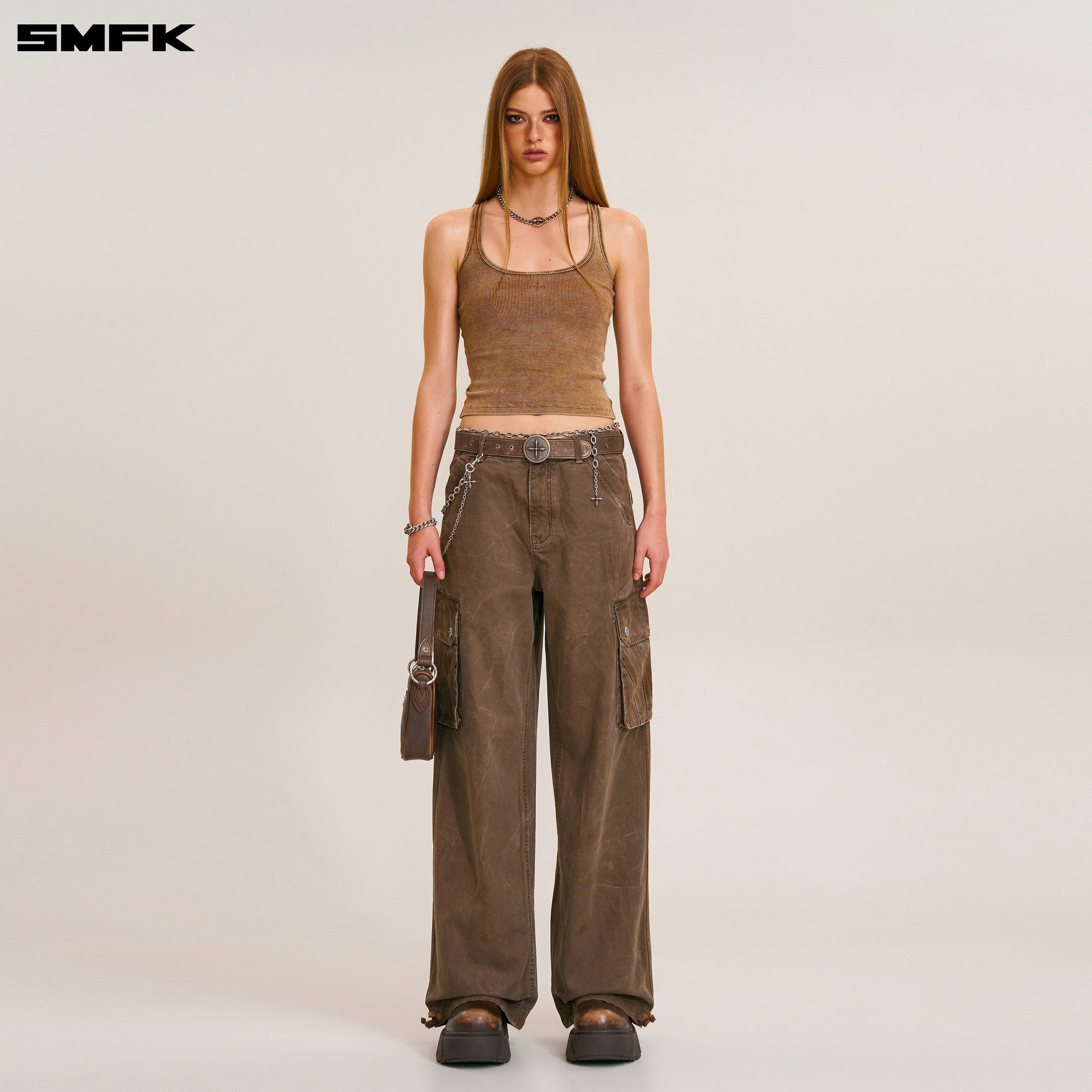 RAGE-WILD ORIGIN HANDCRAFT LOOSE  STRAIGHT CARGO PANTS/GARMENT DYED SHADOW BROWN