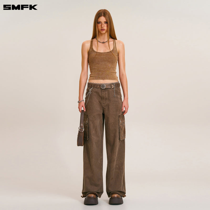 RAGE-WILD ORIGIN HANDCRAFT LOOSE  STRAIGHT CARGO PANTS/GARMENT DYED SHADOW BROWN