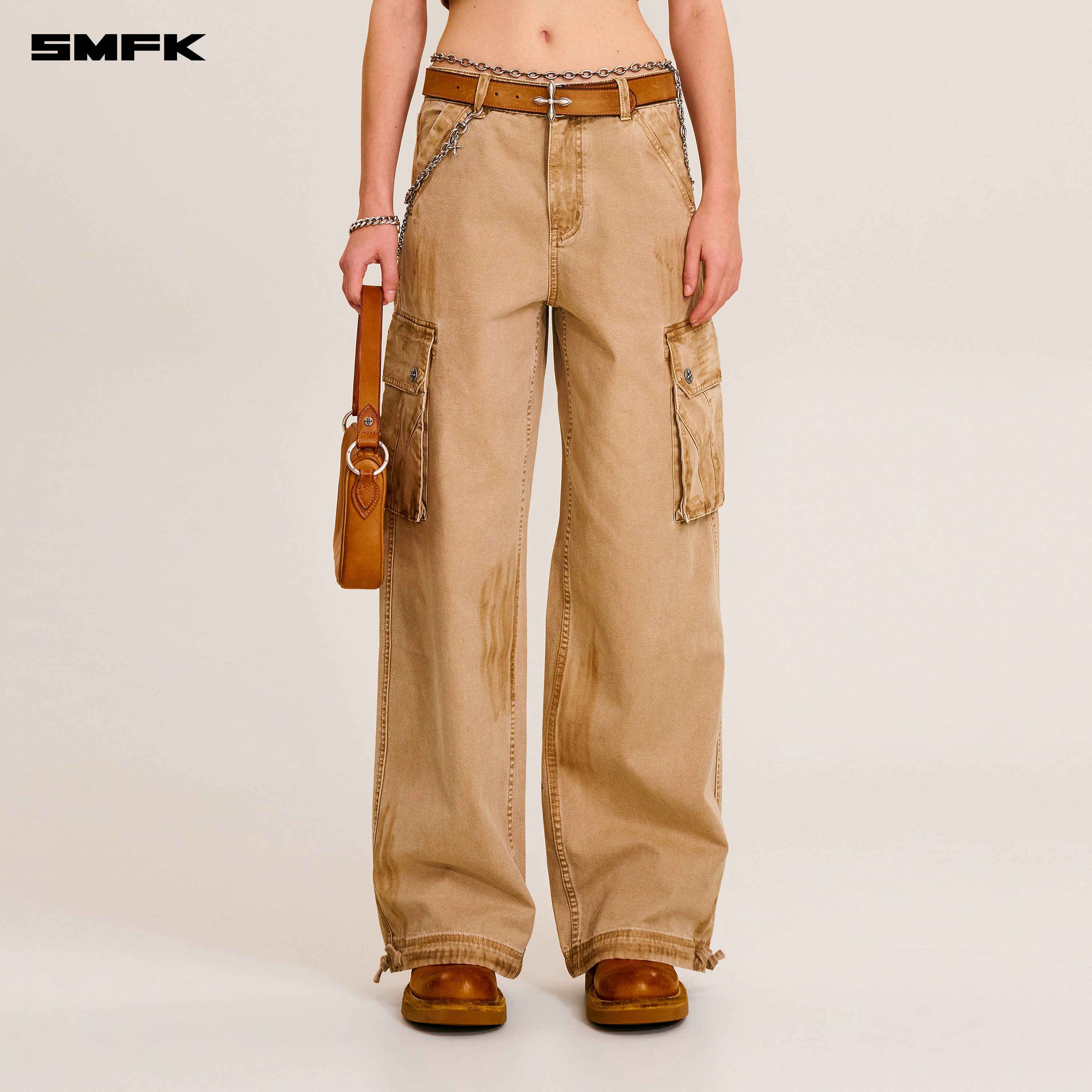 RAGE-WILD ORIGIN HANDCRAFT LOOSE  STRAIGHT CARGO PANTS/GARMENT DYED SAND