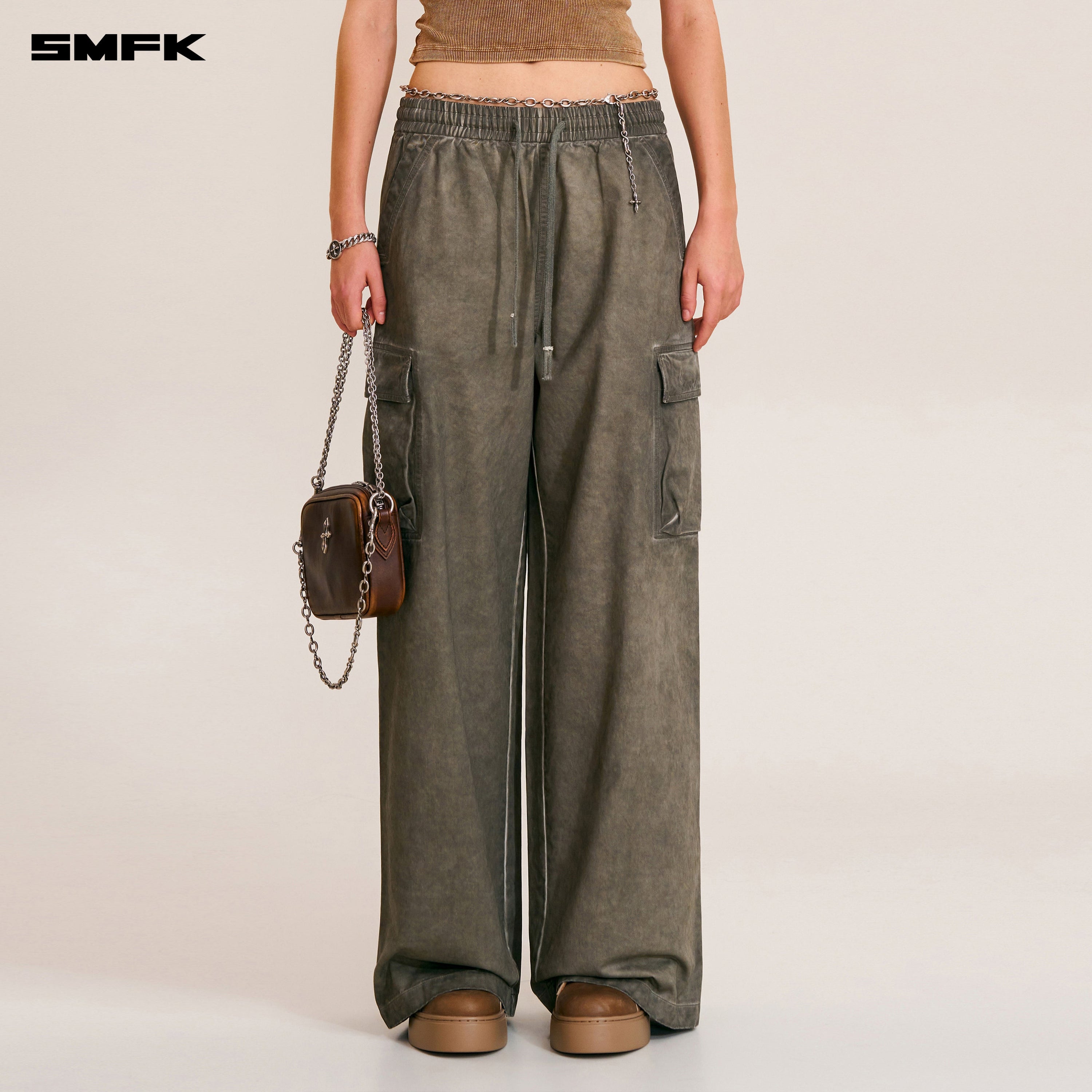 VINTAGE-STORM LOOSE SPORTS CARGO PANTS/FADE DYE WILD BROWN