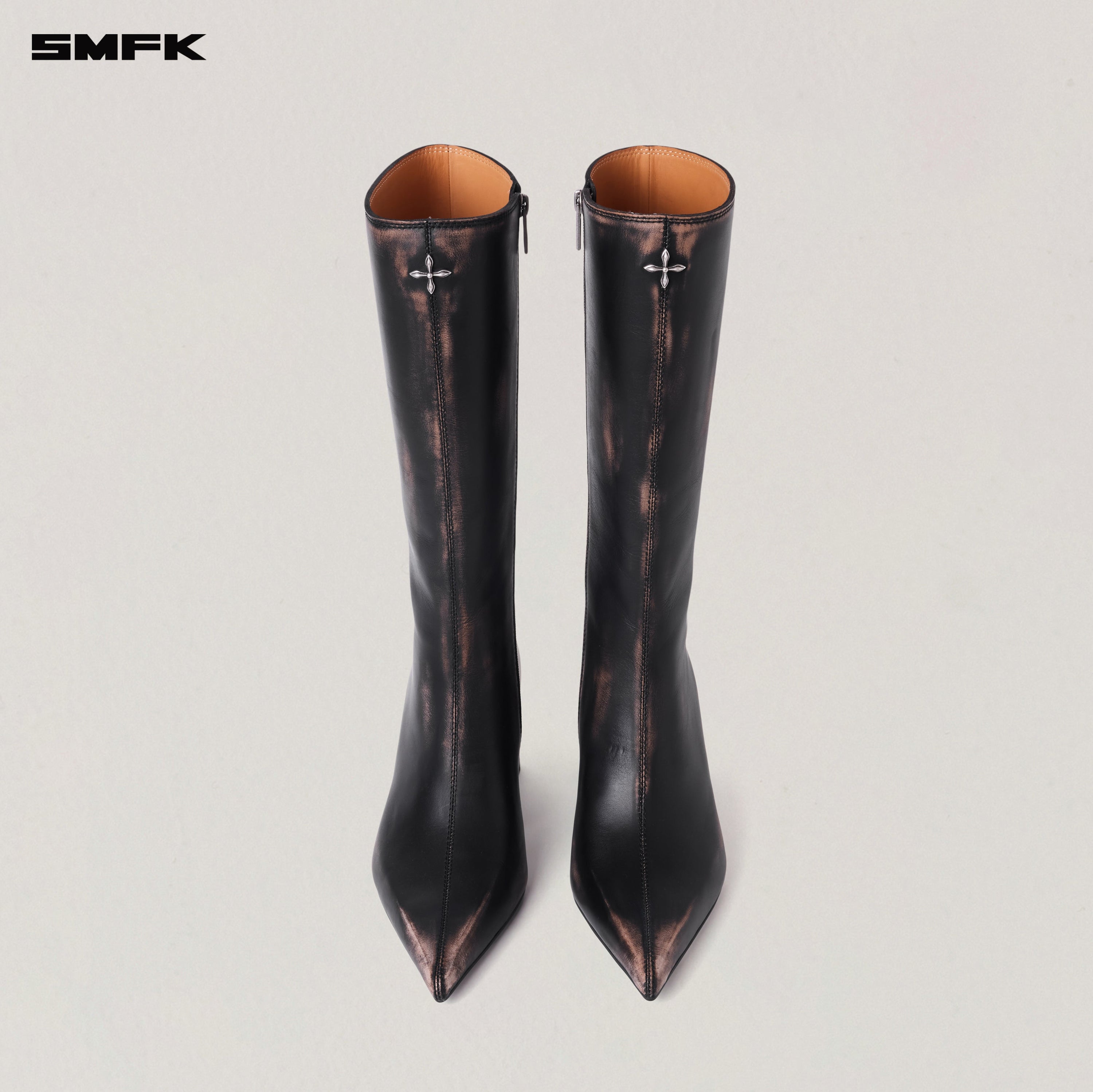 COMPASS BADGE SWORD LEATHER HIGH HEEL BOOTS/PATINA GRAPHITE PATINA