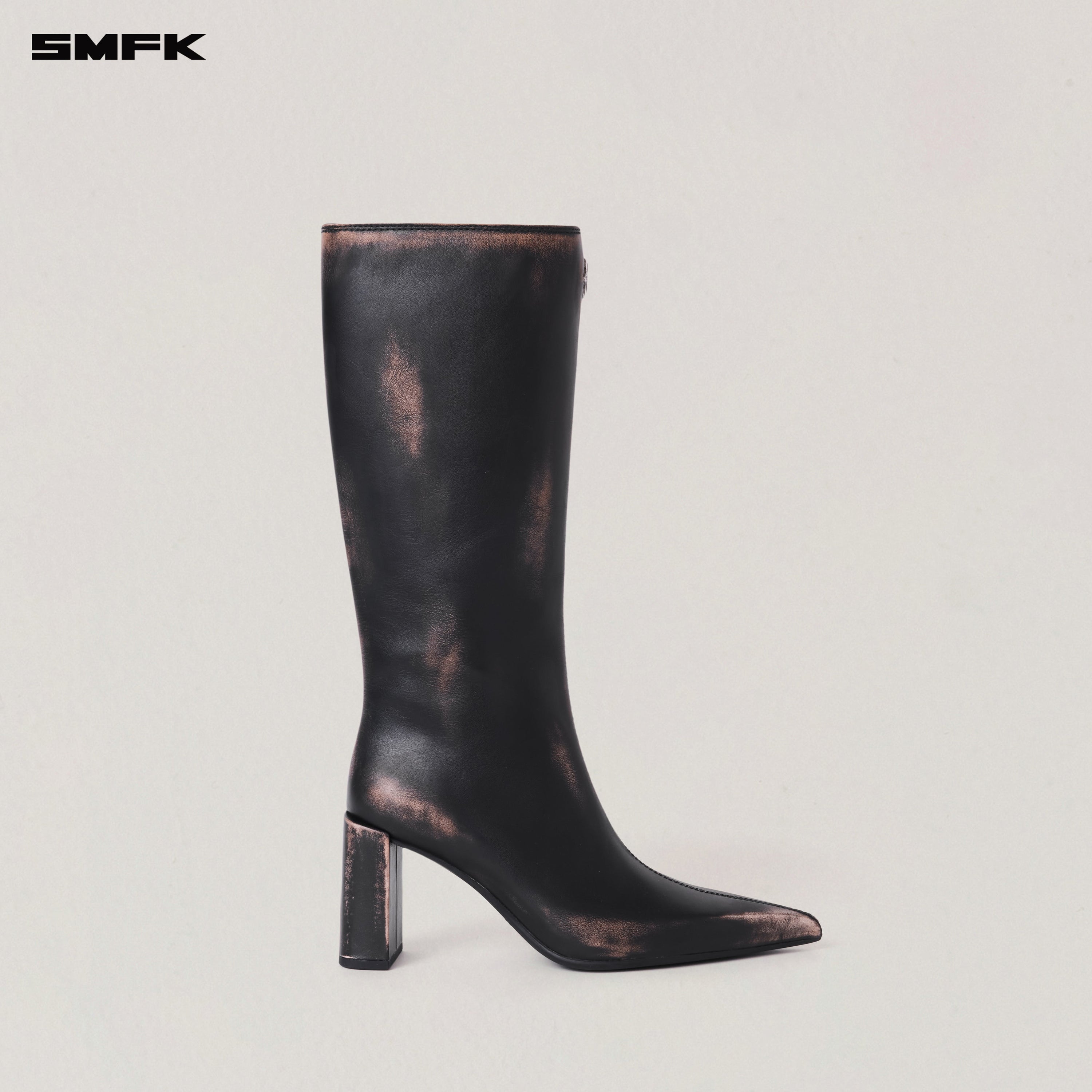 COMPASS BADGE SWORD LEATHER HIGH HEEL BOOTS/PATINA GRAPHITE PATINA