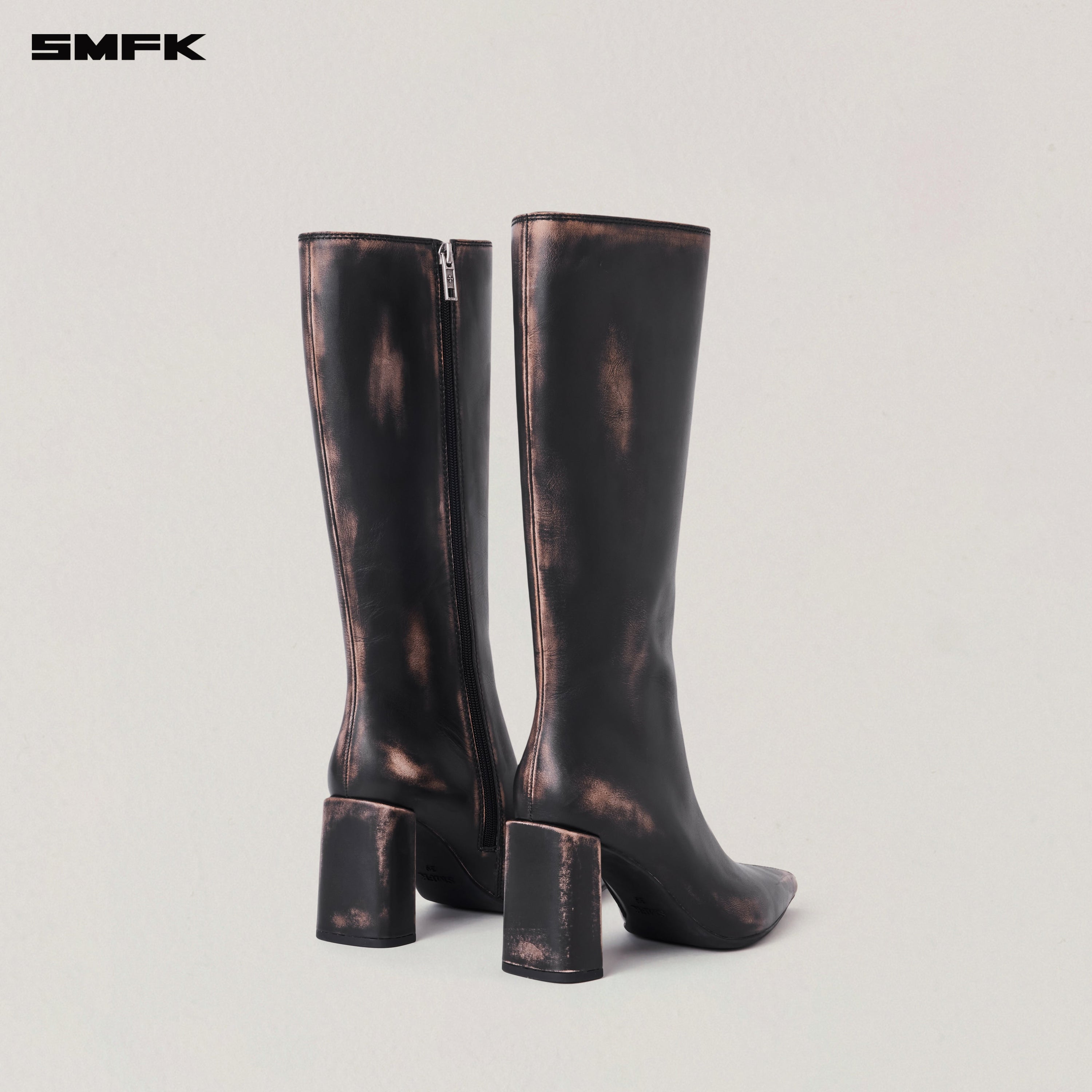 COMPASS BADGE SWORD LEATHER HIGH HEEL BOOTS/PATINA GRAPHITE PATINA