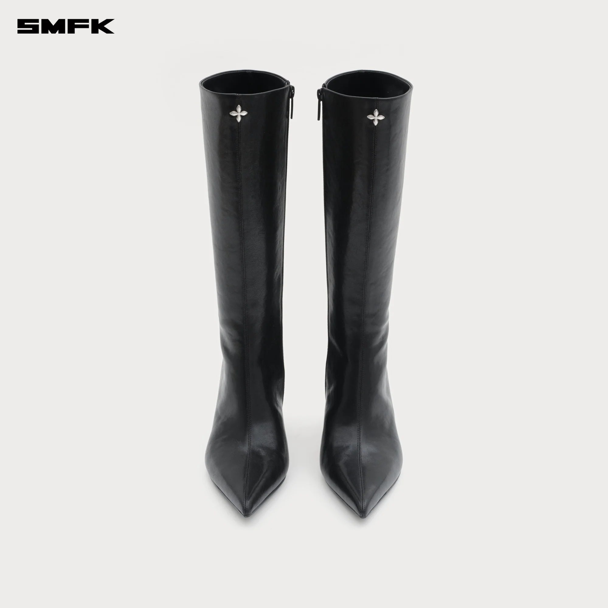 COMPASS RIVET LEATHER HIGH HEEL BOOTS BLACK