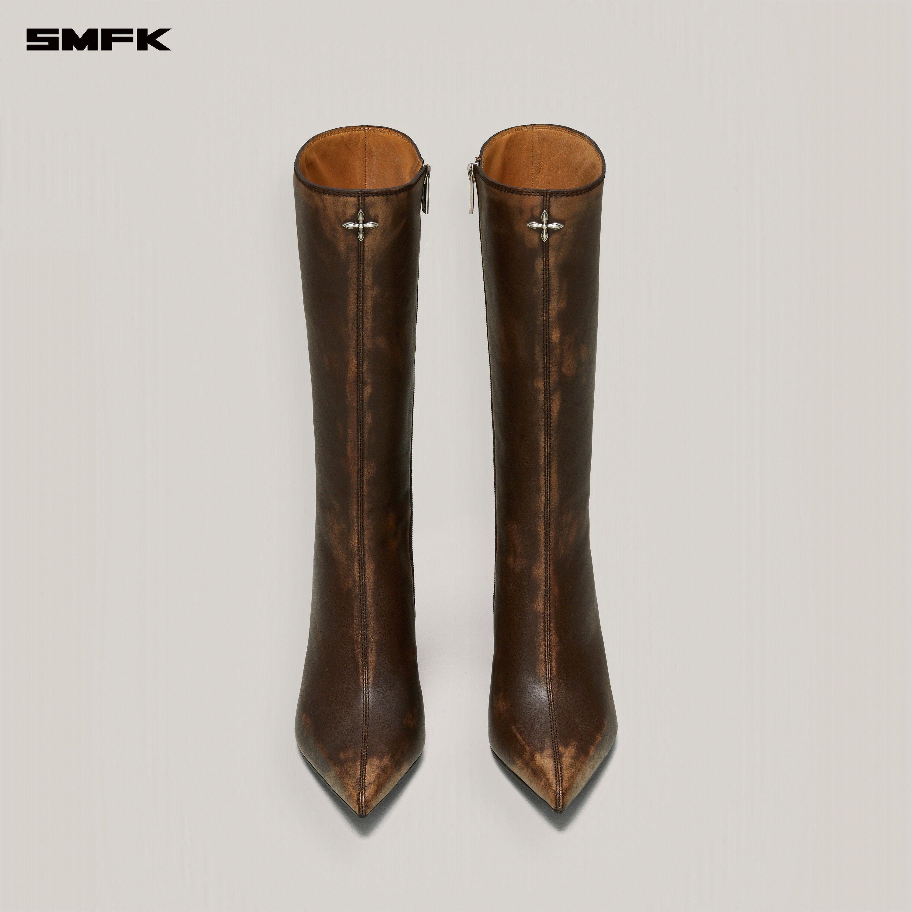 COMPASS BADGE SWORD LEATHER HIGH HEEL BOOTS PATINA WILD HORSE BROWN PATINA