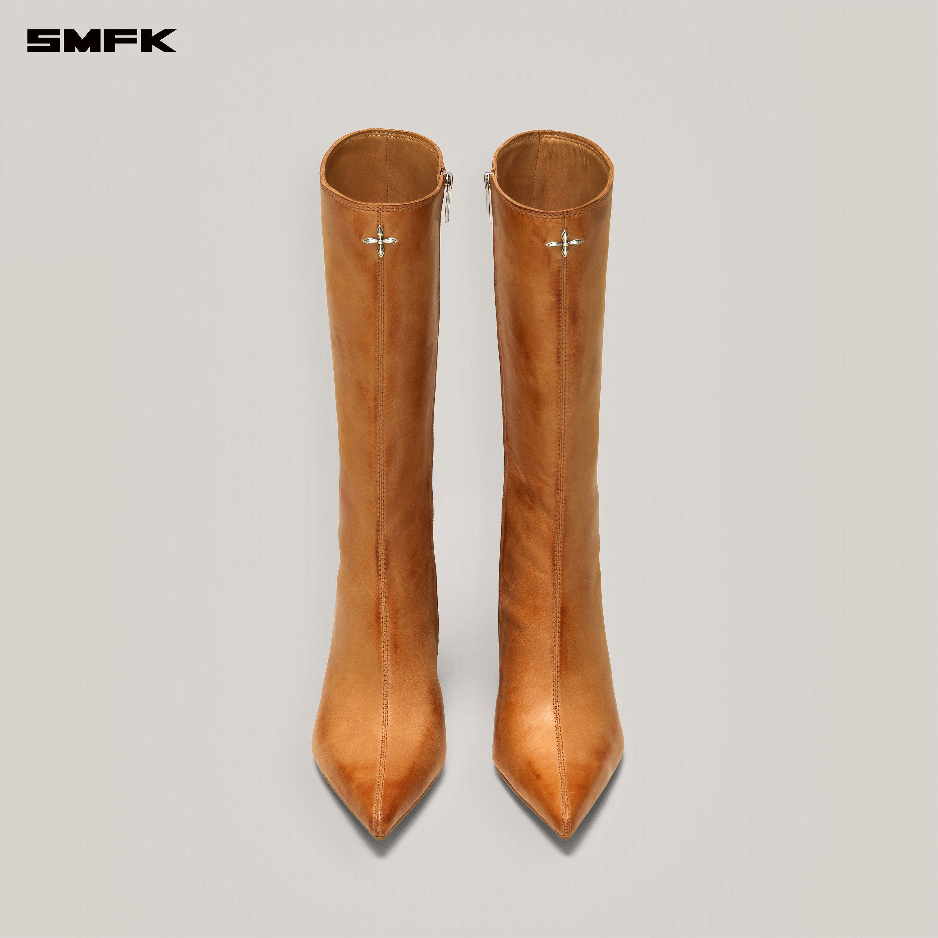 COMPASS BADGE SWORD LEATHER HIGH HEEL BOOTS PATINA CARAMEL PATINA