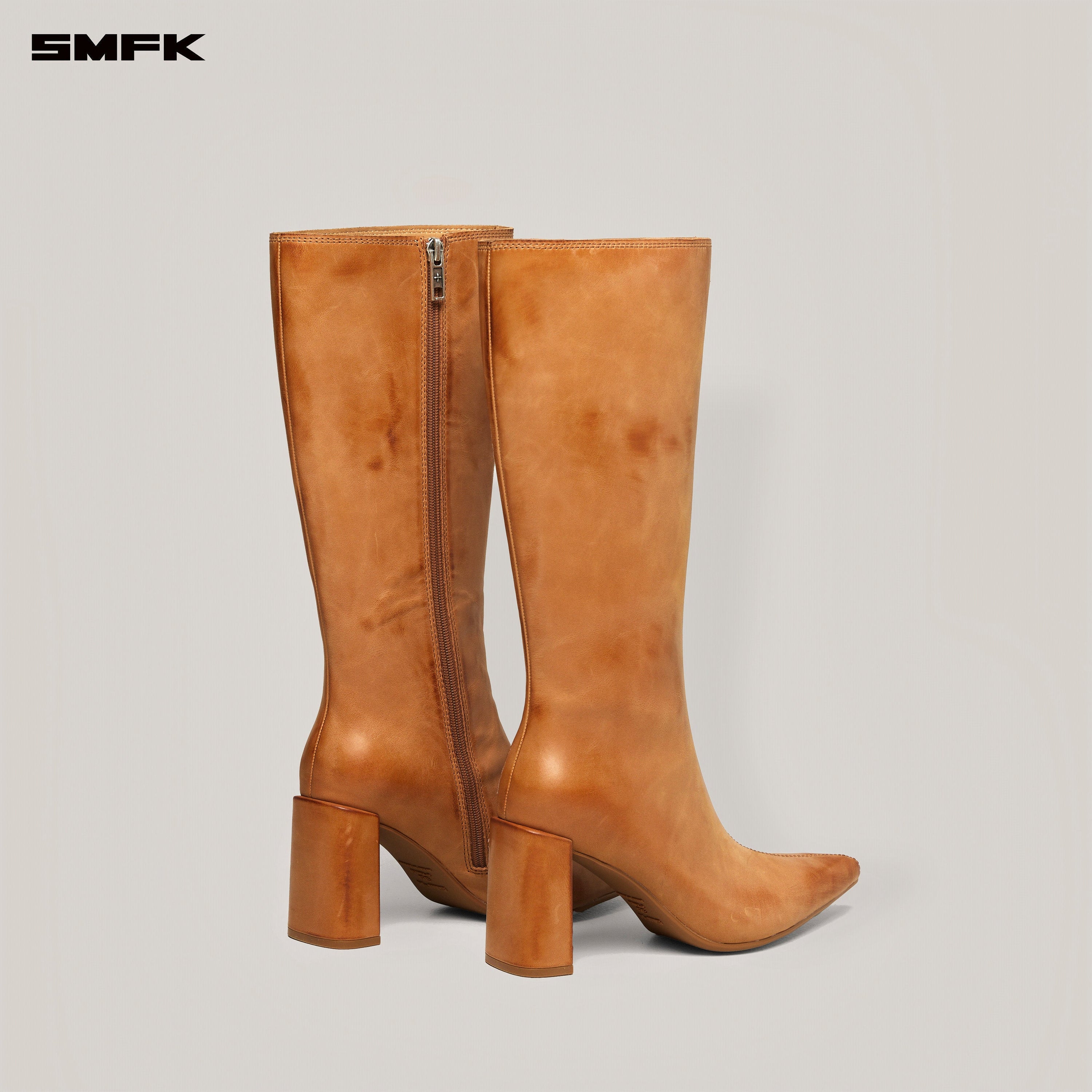 COMPASS BADGE SWORD LEATHER HIGH HEEL BOOTS PATINA CARAMEL PATINA