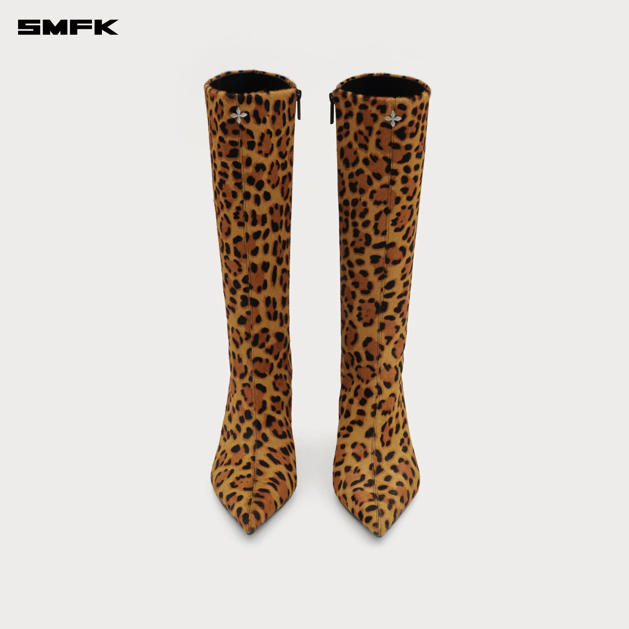 COMPASS RIVET Leather High Heel Boots White Leopard