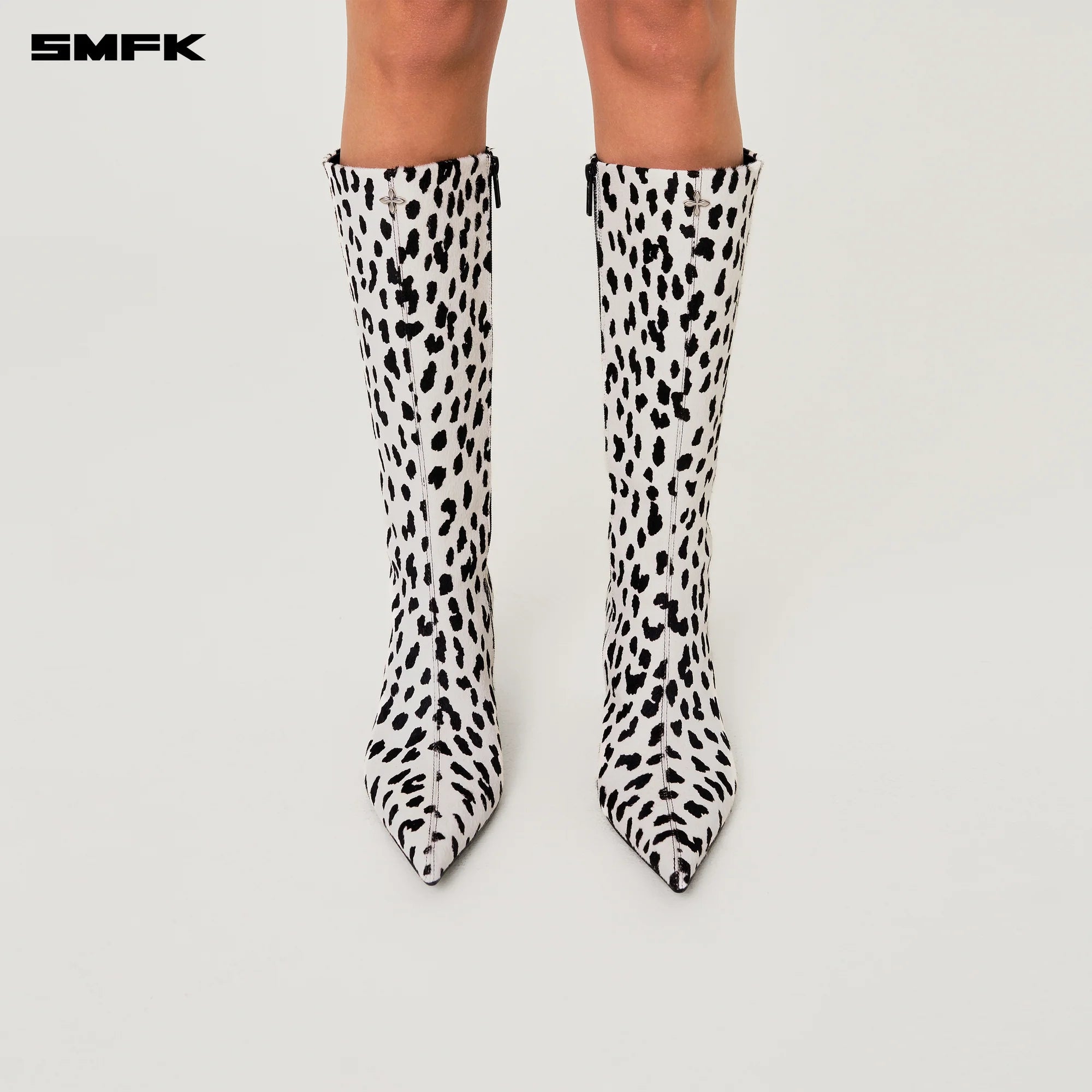 COMPASS RIVET Leather High Heel Boots White Leopard